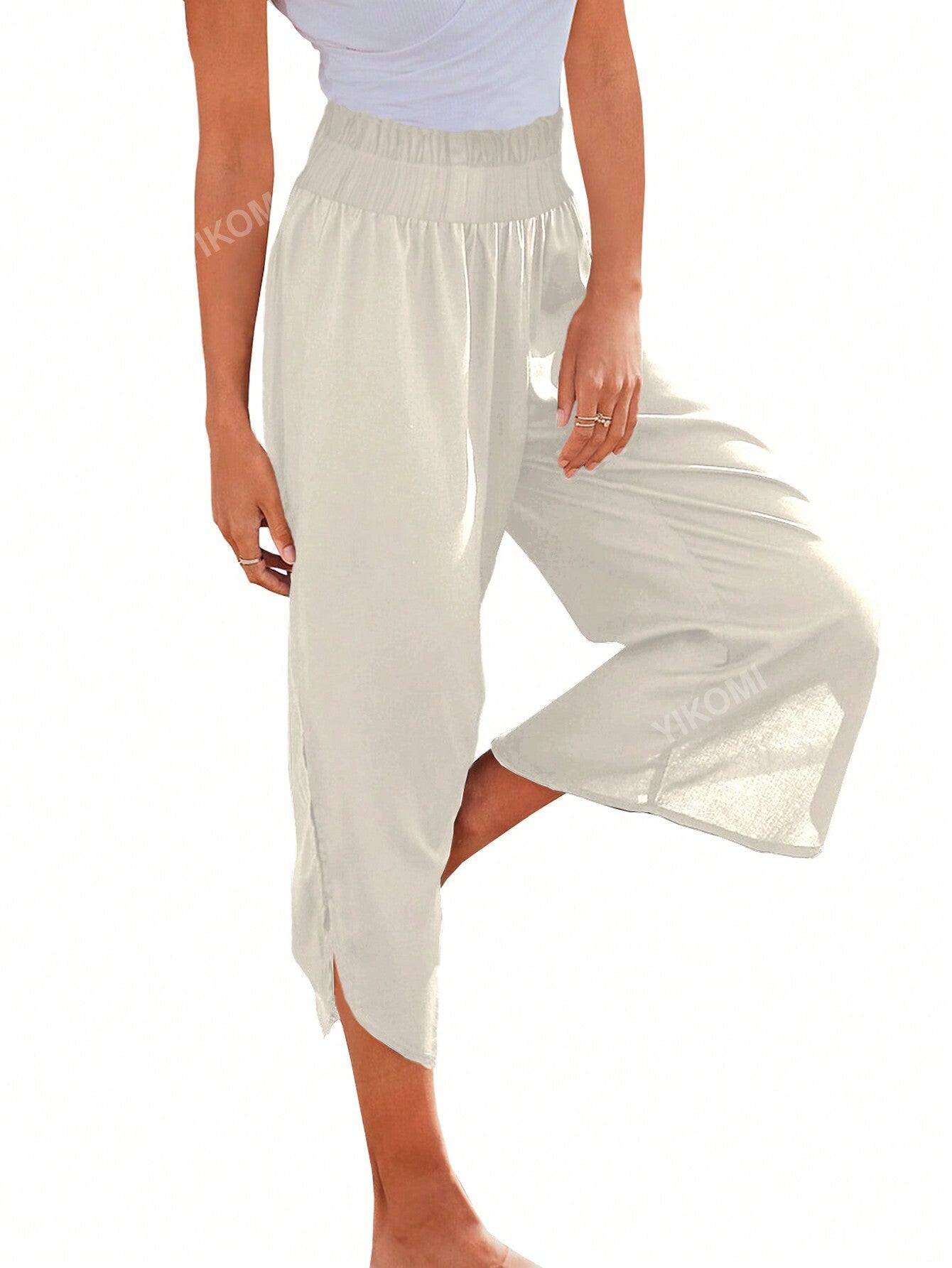 Women's High-Waisted Elastic Pleated Beach Pants With Slit Wide-Leg And Cropped, Summer