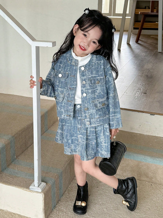 Young Girls Allover Print Denim Jacket & Pleated Skirt