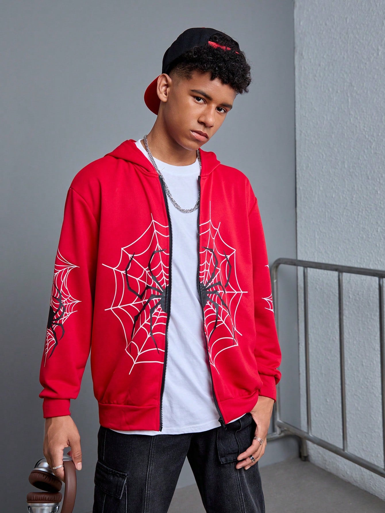 Teen Boys' Casual Street Cool Spider Printed Zip Up Hoodie