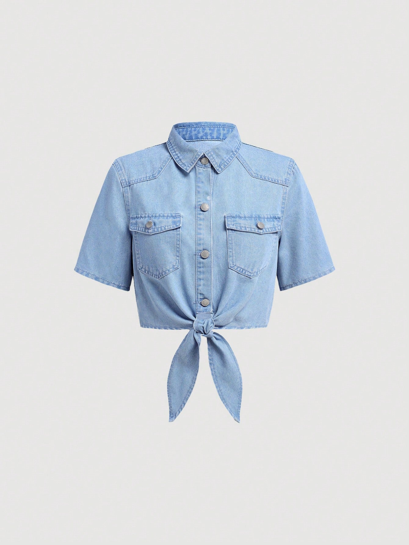 Teen Girl Blue Denim Shirt With Collar, Button Front, Tie Waist And Pockets