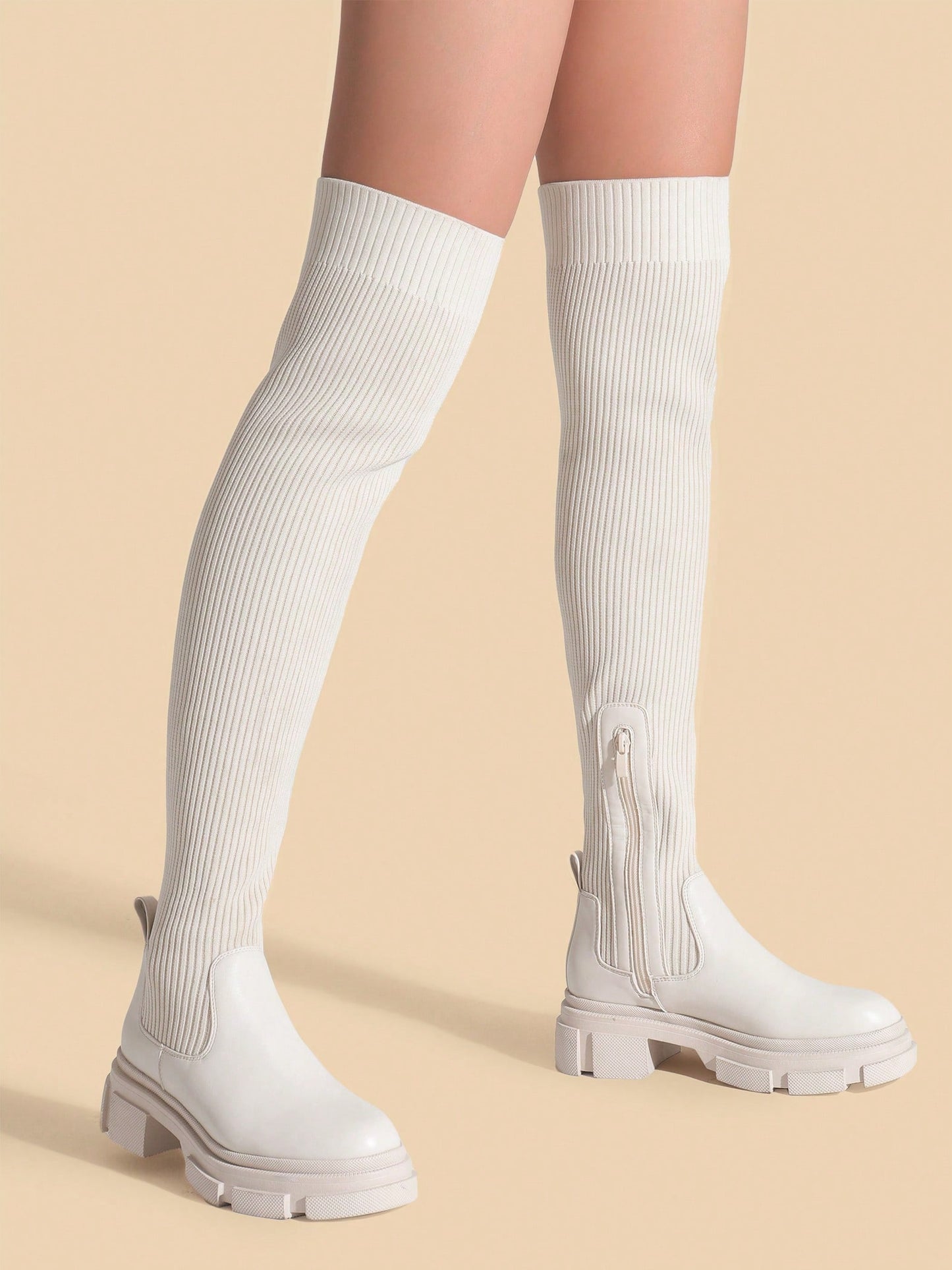 Thigh High Knit Sock Boots Round Toe Mid Chunky Heel Stretch Over The Knee Boots For Women