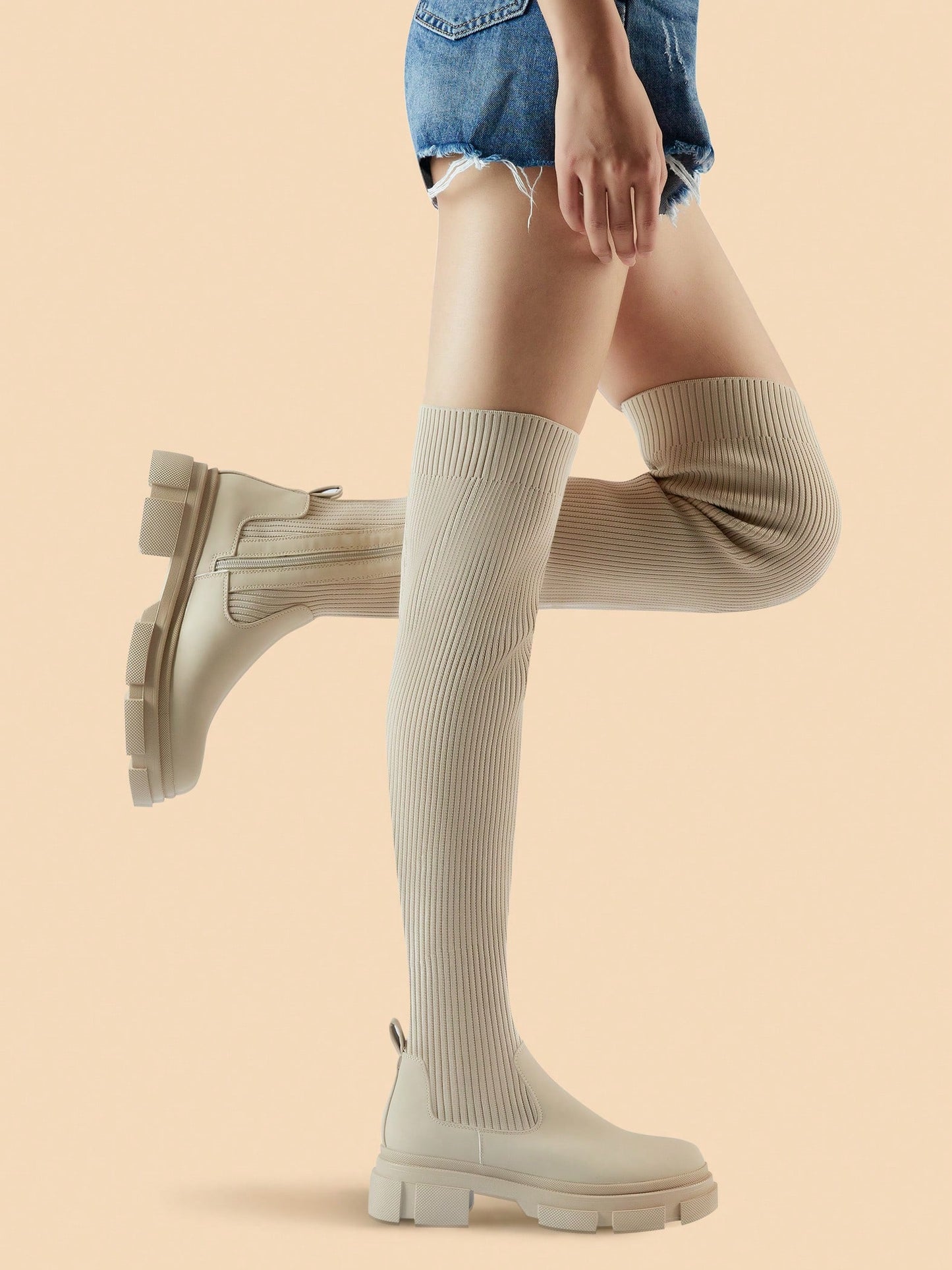 Thigh High Knit Sock Boots Round Toe Mid Chunky Heel Stretch Over The Knee Boots For Women