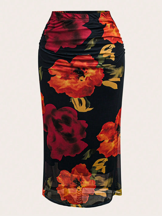 Mulvari Plus Size Women's Elegant Floral Printed Skirt, For Dating, Party, Beach, Holiday, Wedding, Cocktail, Daily Casual. Perfect For Spring/ Summer/Autumn