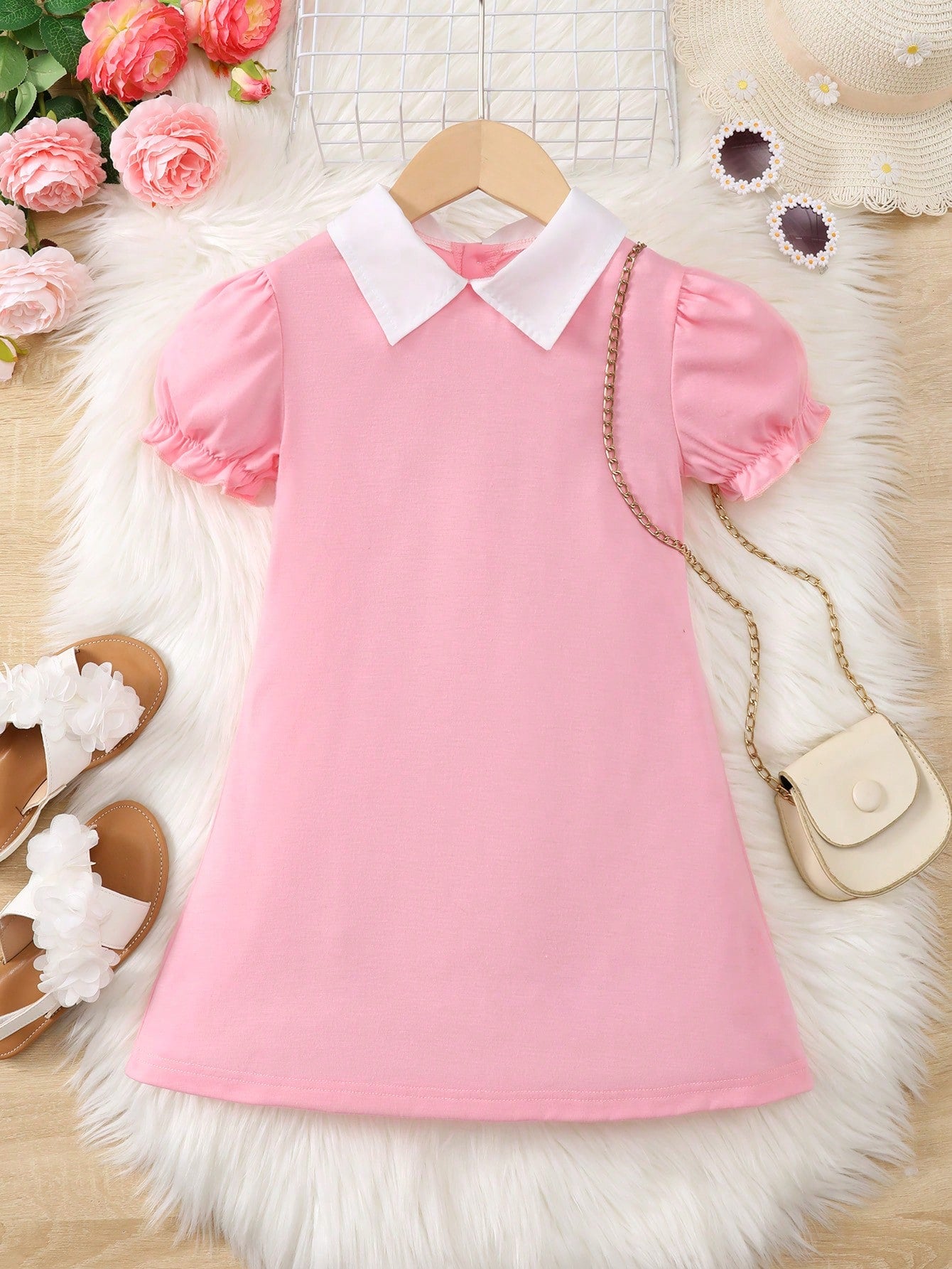 Young Girl Casual Summer Contrast Collar Puff Sleeve Dress