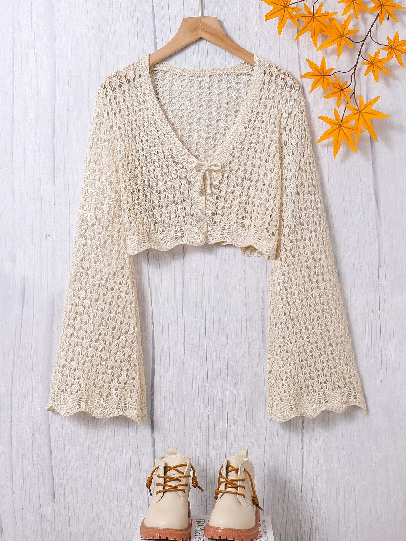 Tween Girl Casual Casual Scallop Trim Trumpet Sleeve Pointelle Knit Crop Cardigan