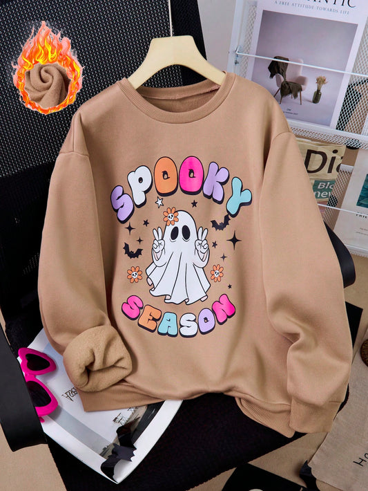 Girls' Casual Fashion Halloween Comfortable Fleece Lined Round Neck Long Sleeve Sweatshirt