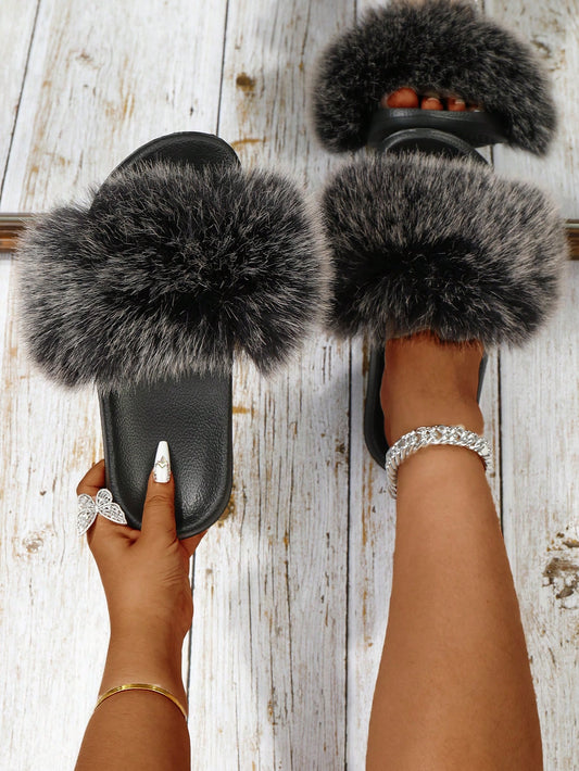 New Style Fox Furry Slippers Women's Flat Faux Fur Slides With Anti-Slip Sole