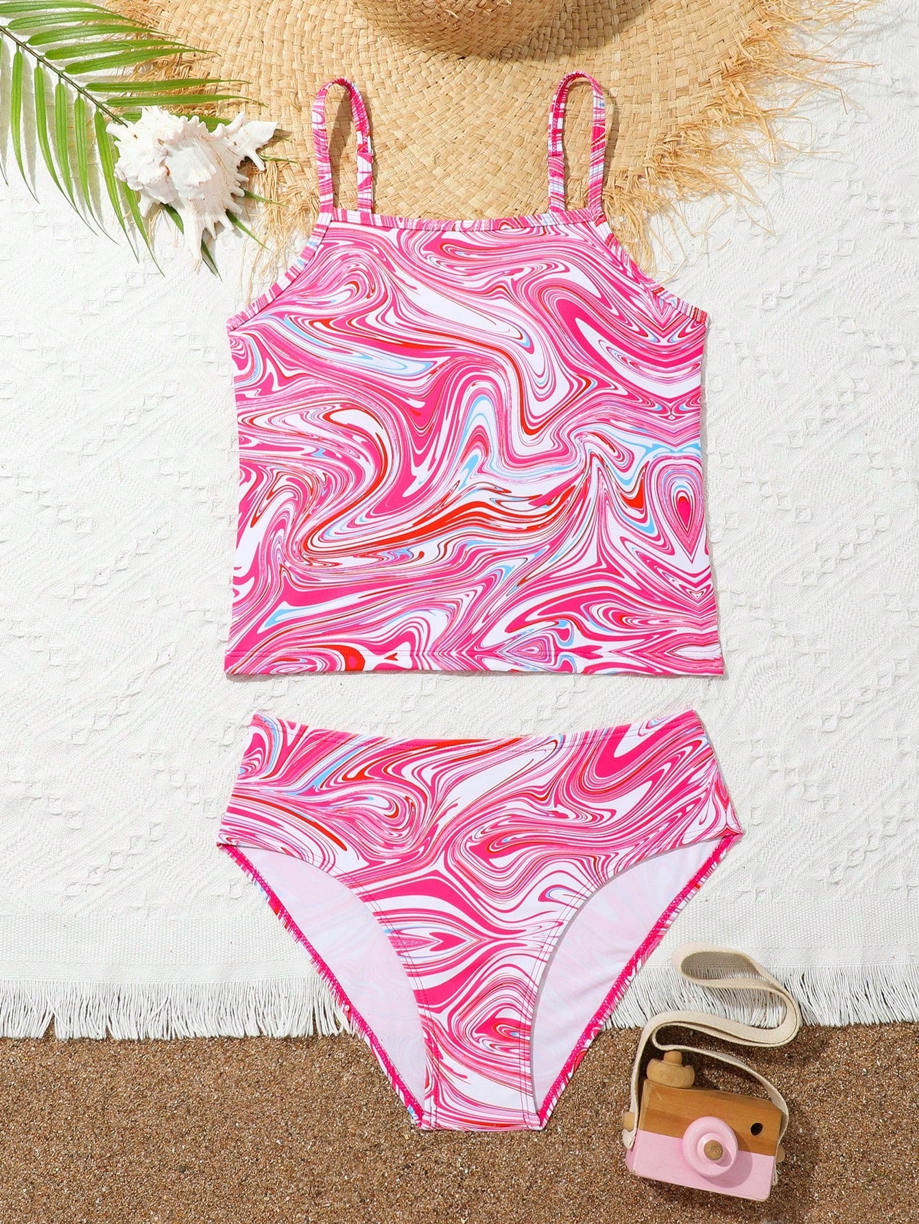 Girl's Bikini And Swimsuit Set, Wave Printed, Includes Camisole Top And Shorts