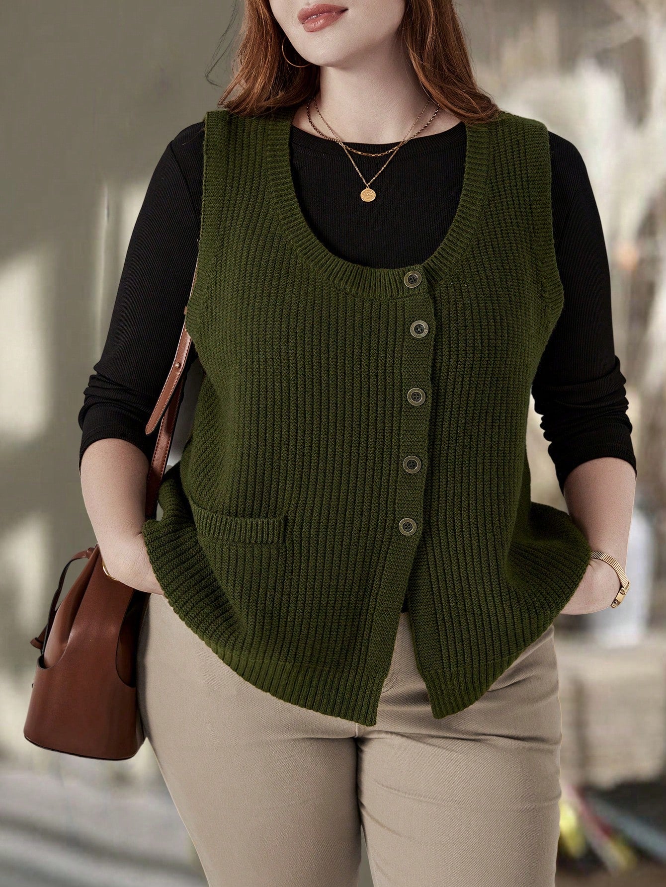 Plus Size Green Military Style Sleeveless Sweater Vest With Button Front And Pockets