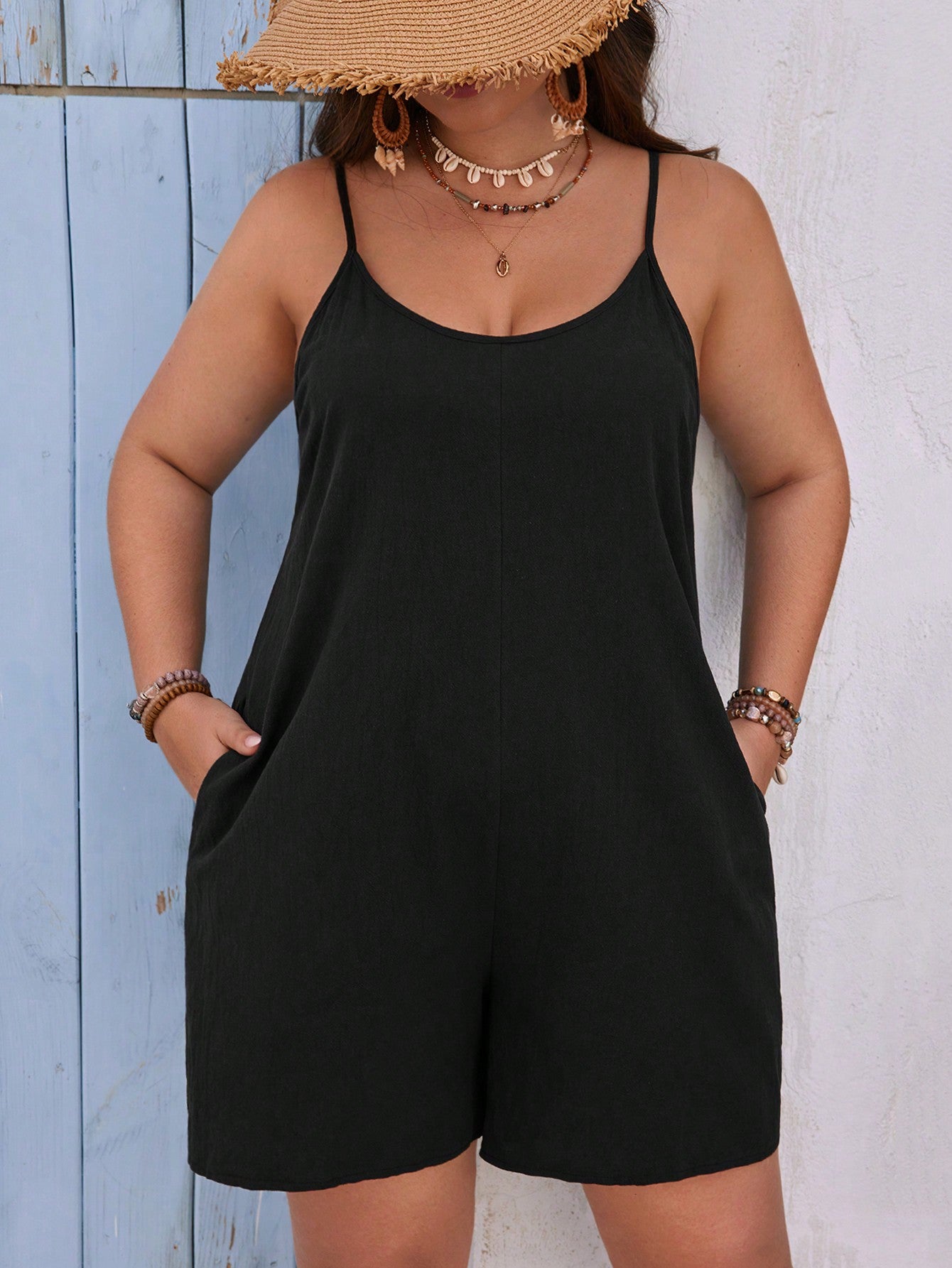 Plus Size Simple Texture Strappy Summer Casual Romper With Diagonal Pockets