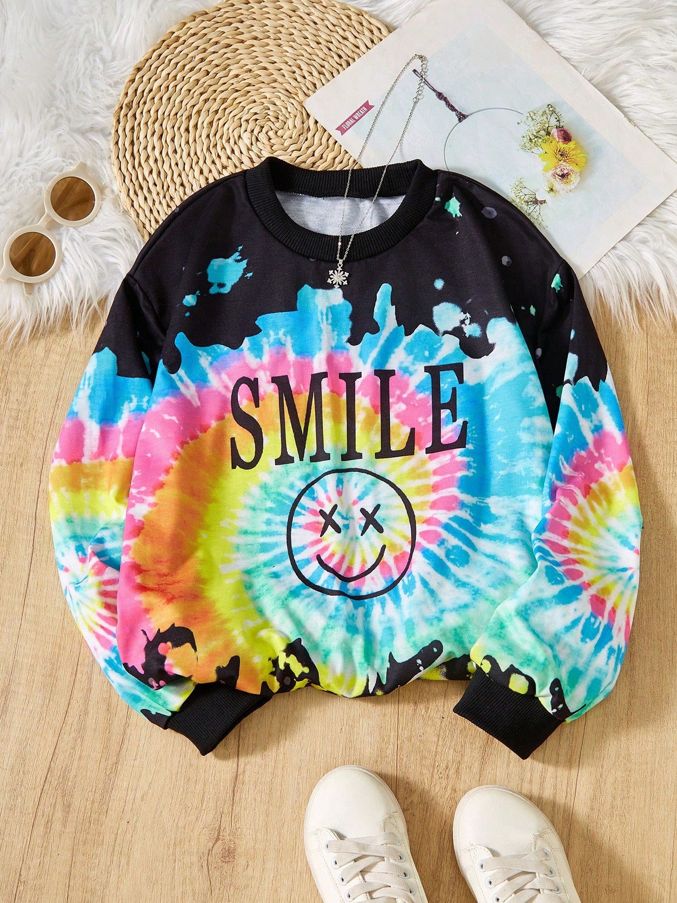 Girls' Colorful Smiling Face Printed Long Sleeve Sweatshirt