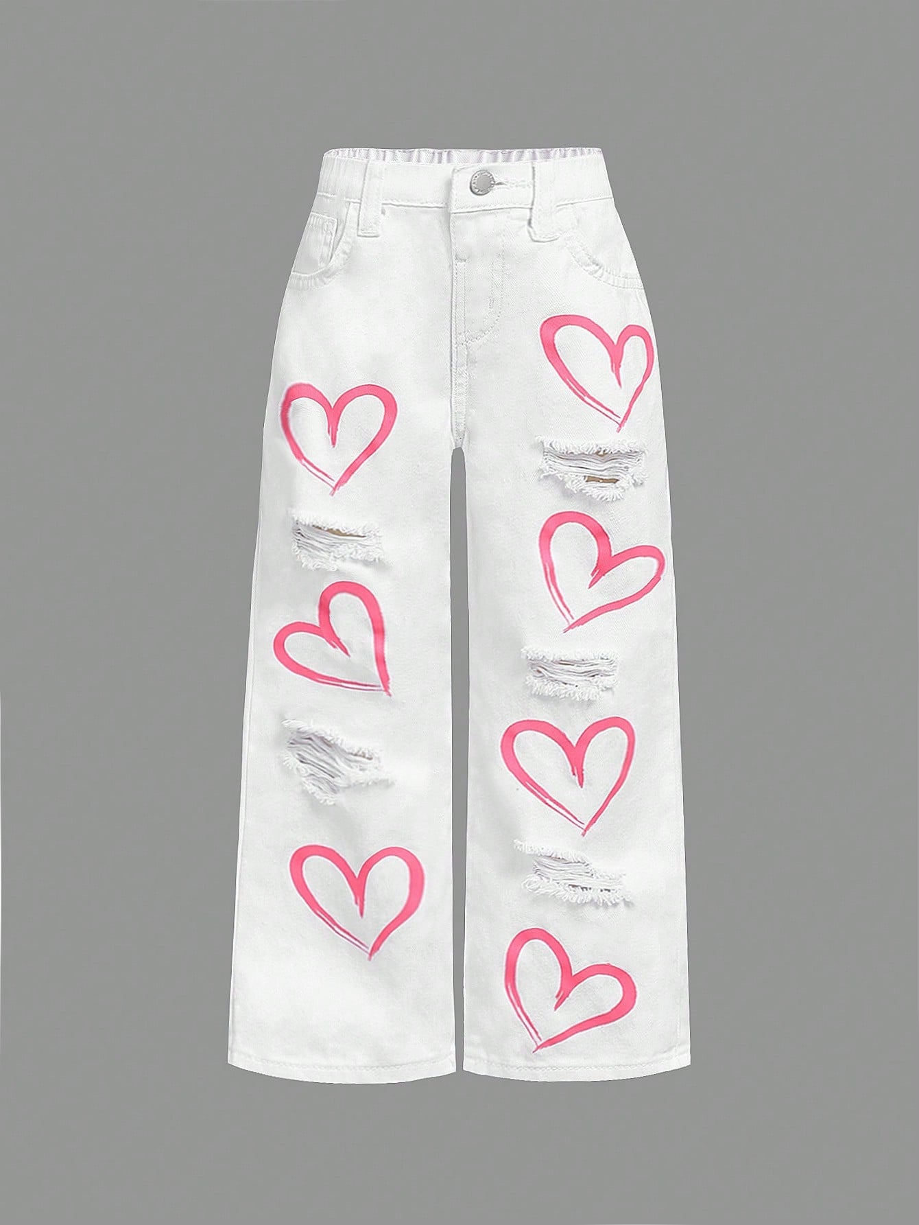 Young Girl Distressed Straight Leg Jeans In Washed Blue, Y2K Pink Heart Print