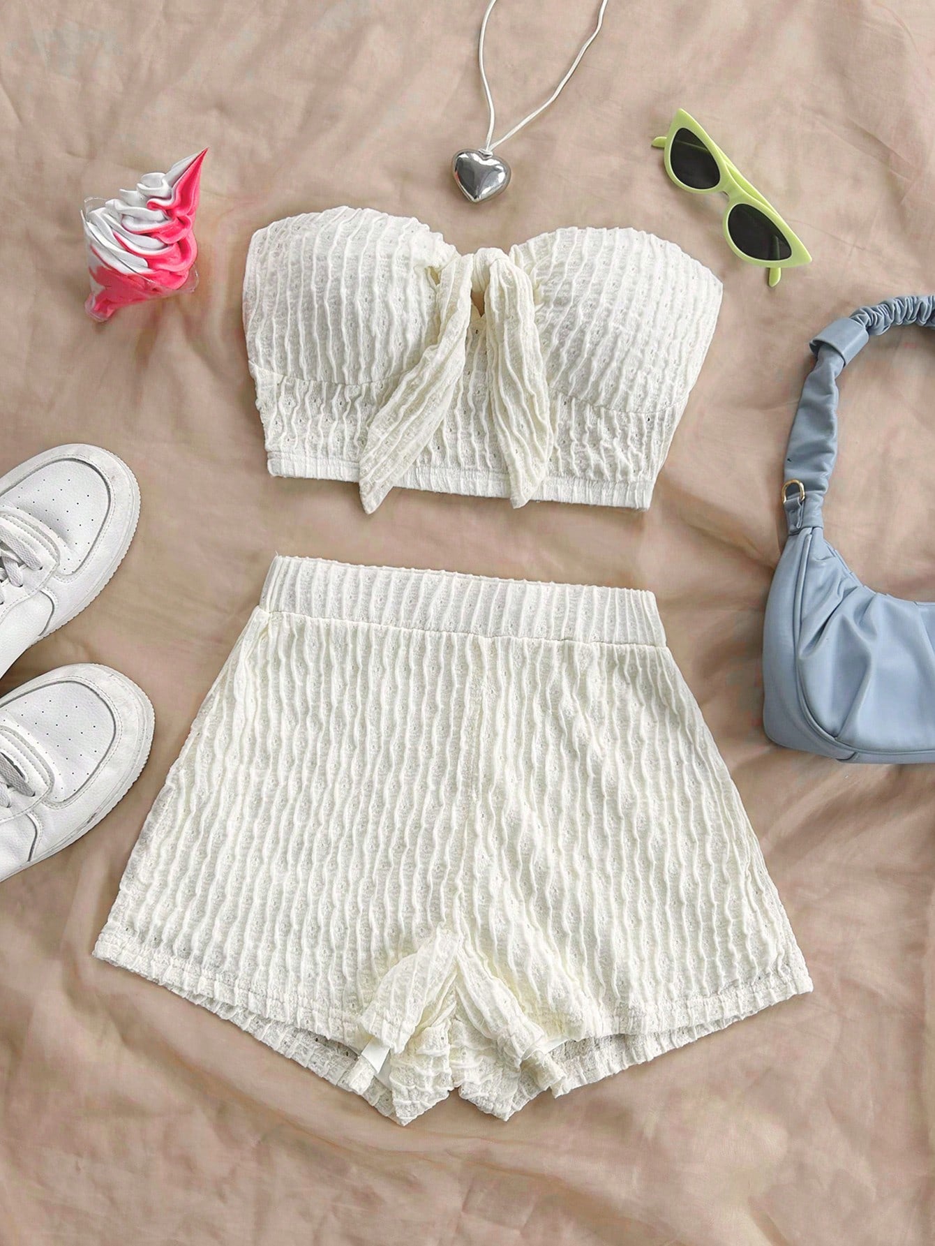 Summer Solid Color Textured Bandeau Top And High-Waisted Shorts Set