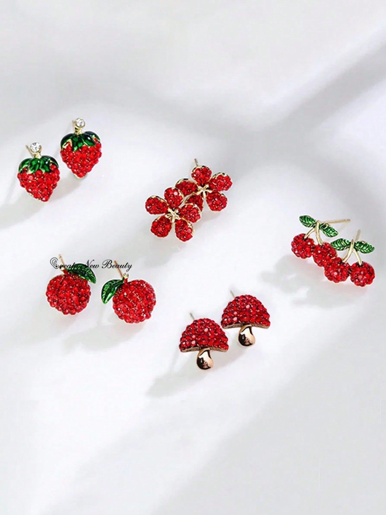 2pcsRed Cherry Strawberry Earrings, Sparkling Water Diamonds, Cute Fruit Pendant Girl