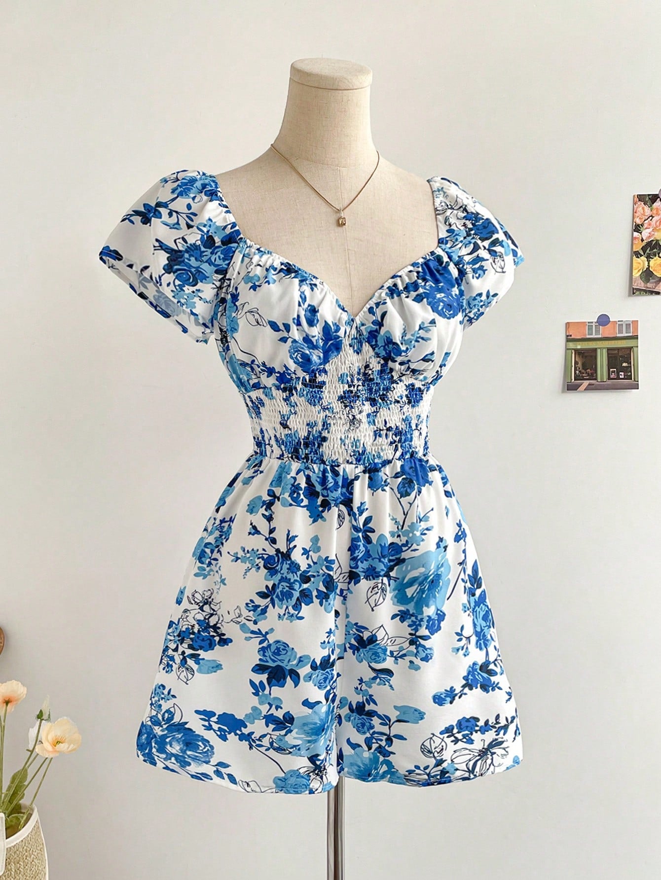 Floral Print Shirred Waist Romper