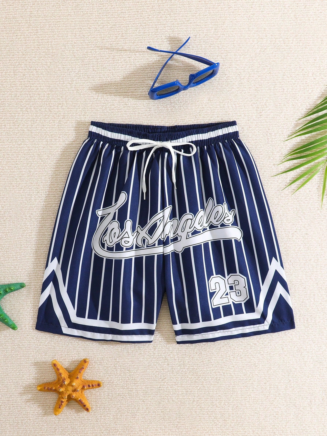 Tween Boy Striped Swim Trunks With Pattern Print, Beach Shorts