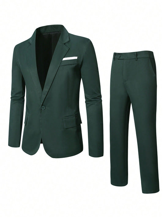 Men's Plus Size Plain Casual Suit Set, Long Sleeve Jacket And Pants