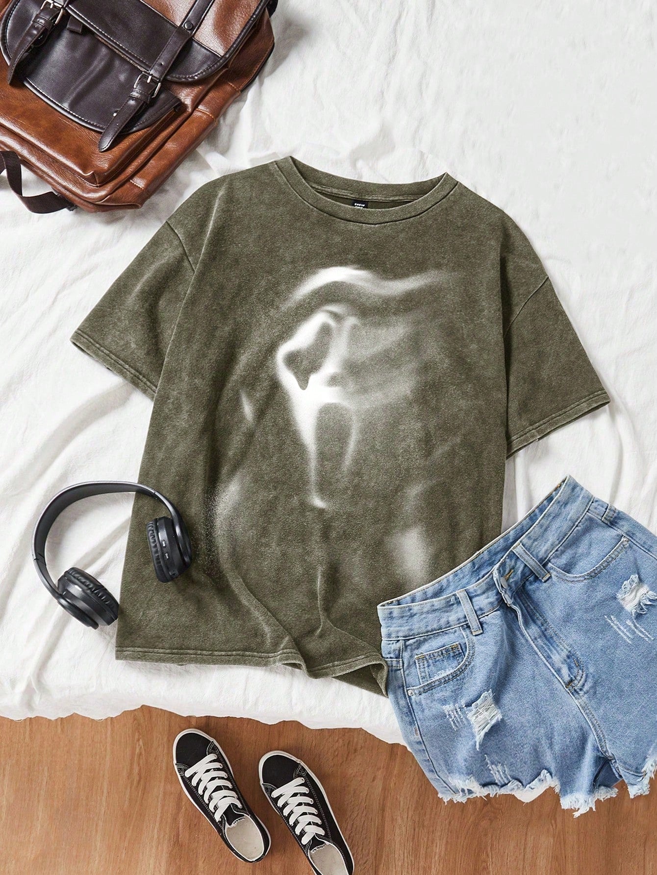 Plus Size Halloween Acid Washed Look Vintage Knitted Distressed Loose Fit Knit Screaming Skull Ghostface Pattern Cartoon Pattern Short Sleeve T-Shirt