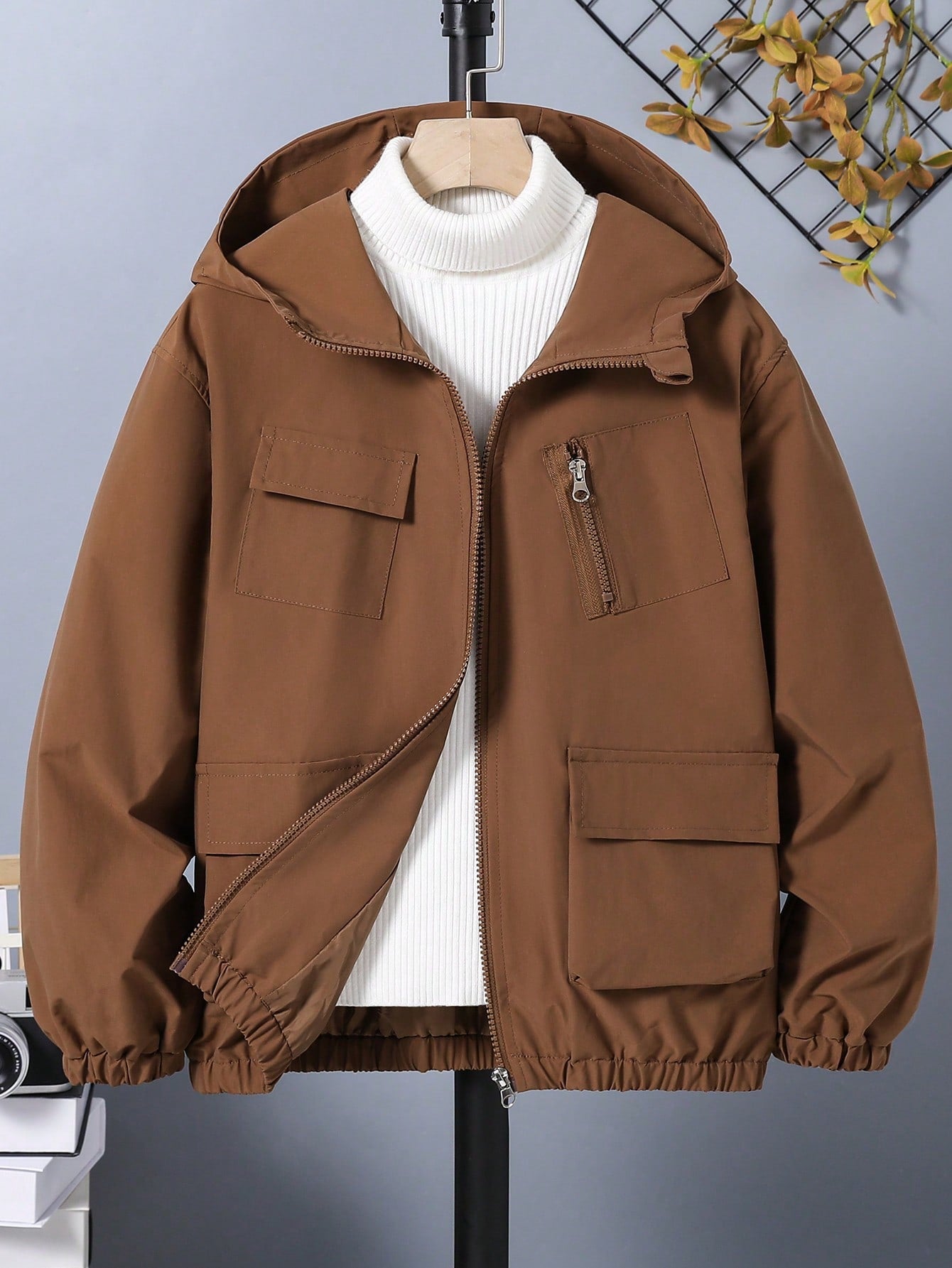 Tween Boy Hooded Zipper Workwear Jacket With Multiple Pockets, Long Sleeve Fashionable Outerwear