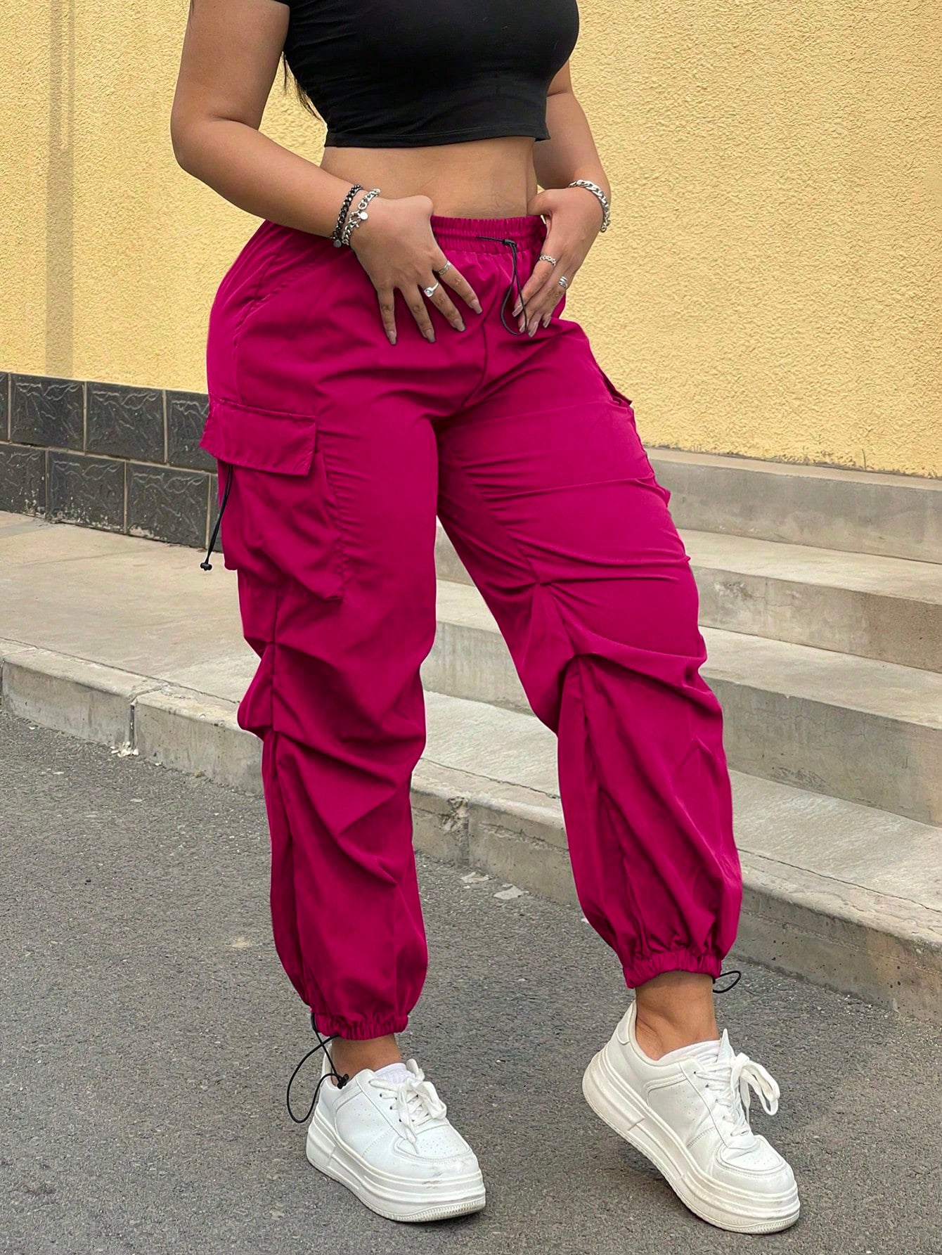 Plus Size Casual Solid Color Multi-Pocket Drawstring Cargo Pants