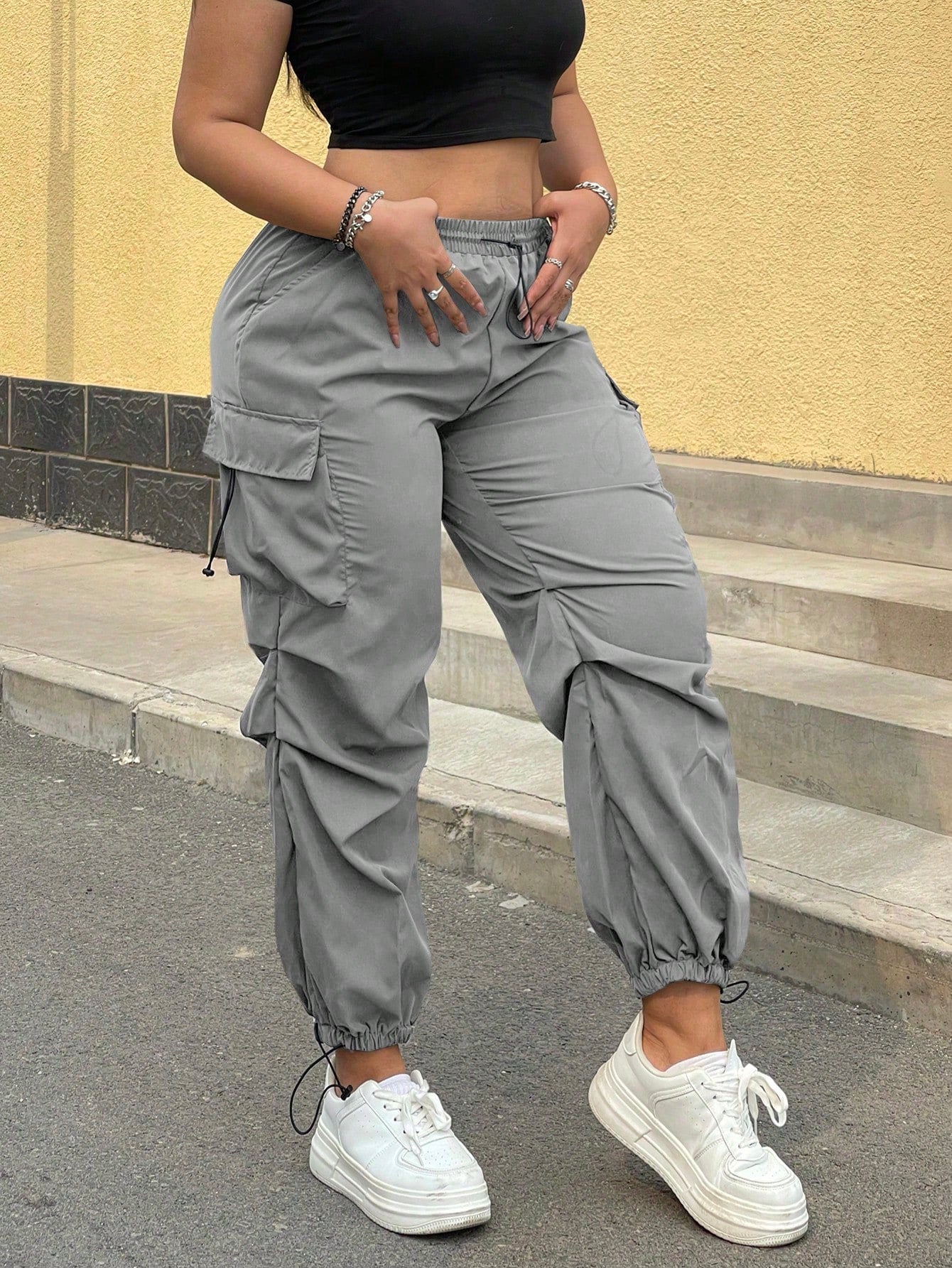 Plus Size Casual Solid Color Multi-Pocket Drawstring Cargo Pants