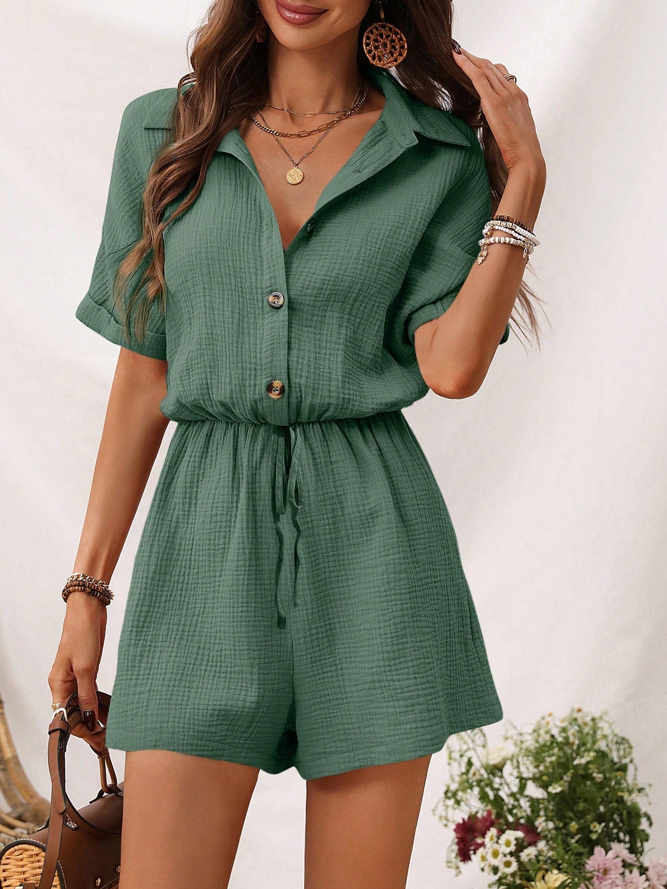 Women's Button Front Lapel Collar Romper