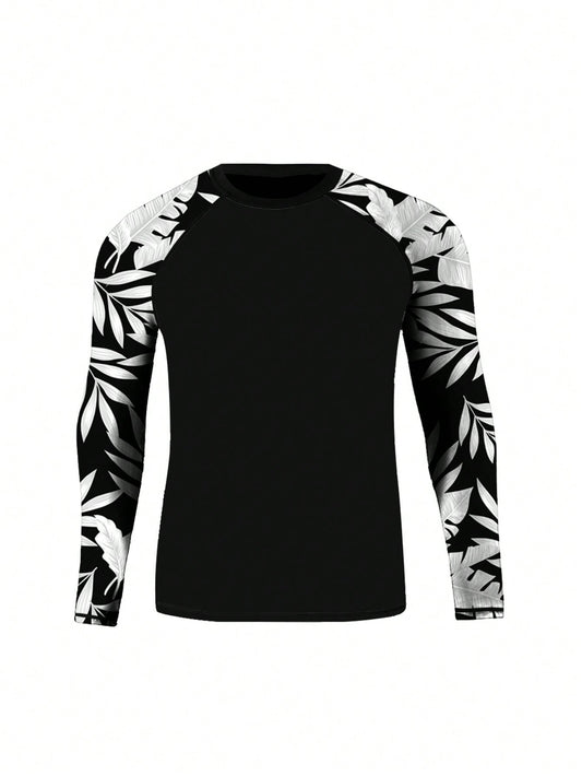 Men's Round Neck Plant Printed Long Sleeve Summer Beach Rashguard Top