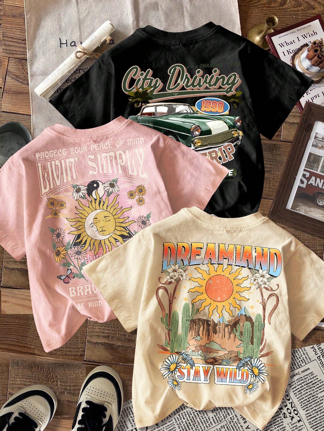 3pcs Tween Girls' Casual Retro Summer Landscape & Vintage Car Printed T-Shirts Featuring Simple Cartoon Elements, Suitable For Summer