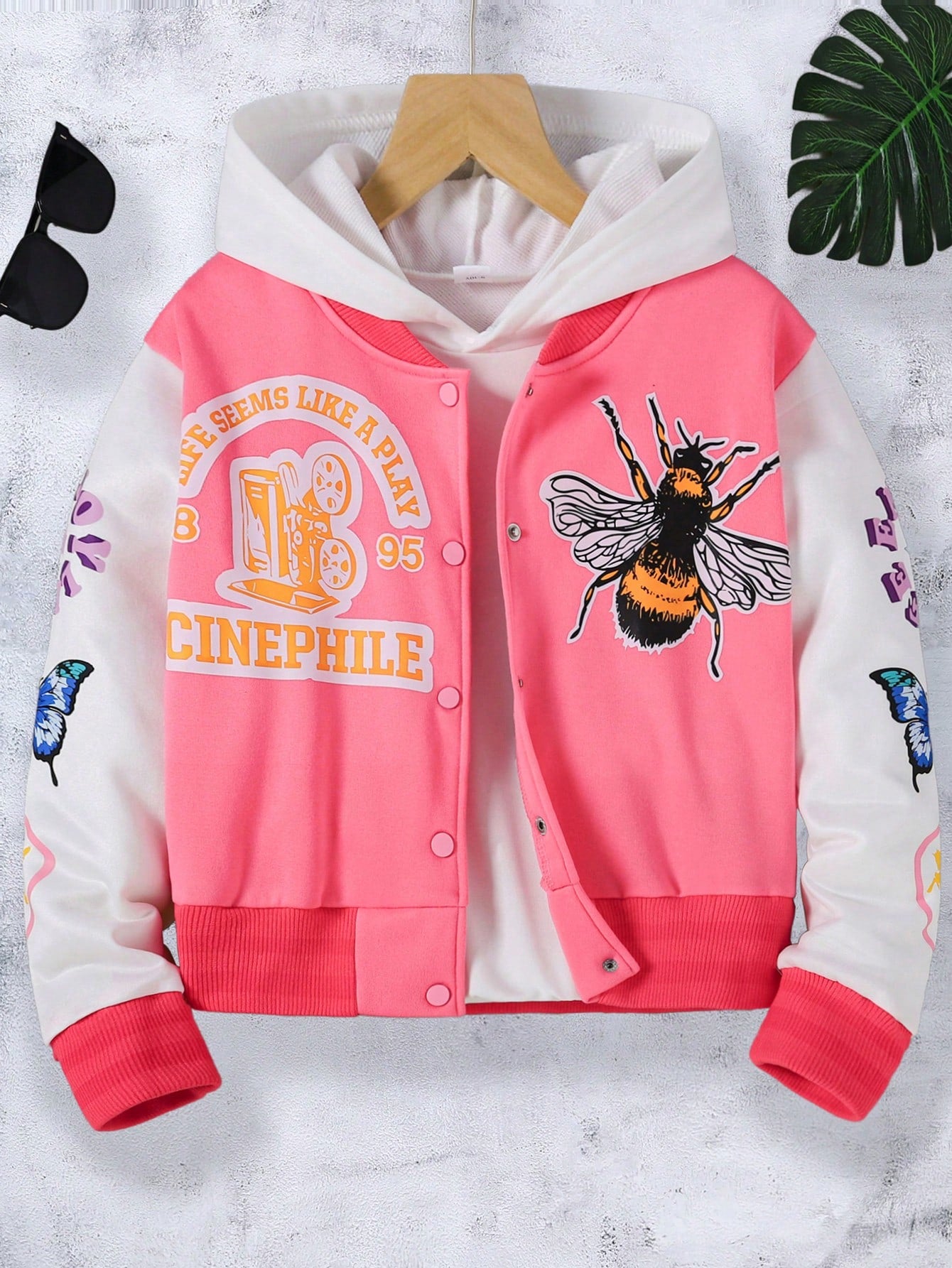 Teen Girl Butterfly Printed Letter Single-Breasted Baseball Collar Fashion Street Jacket