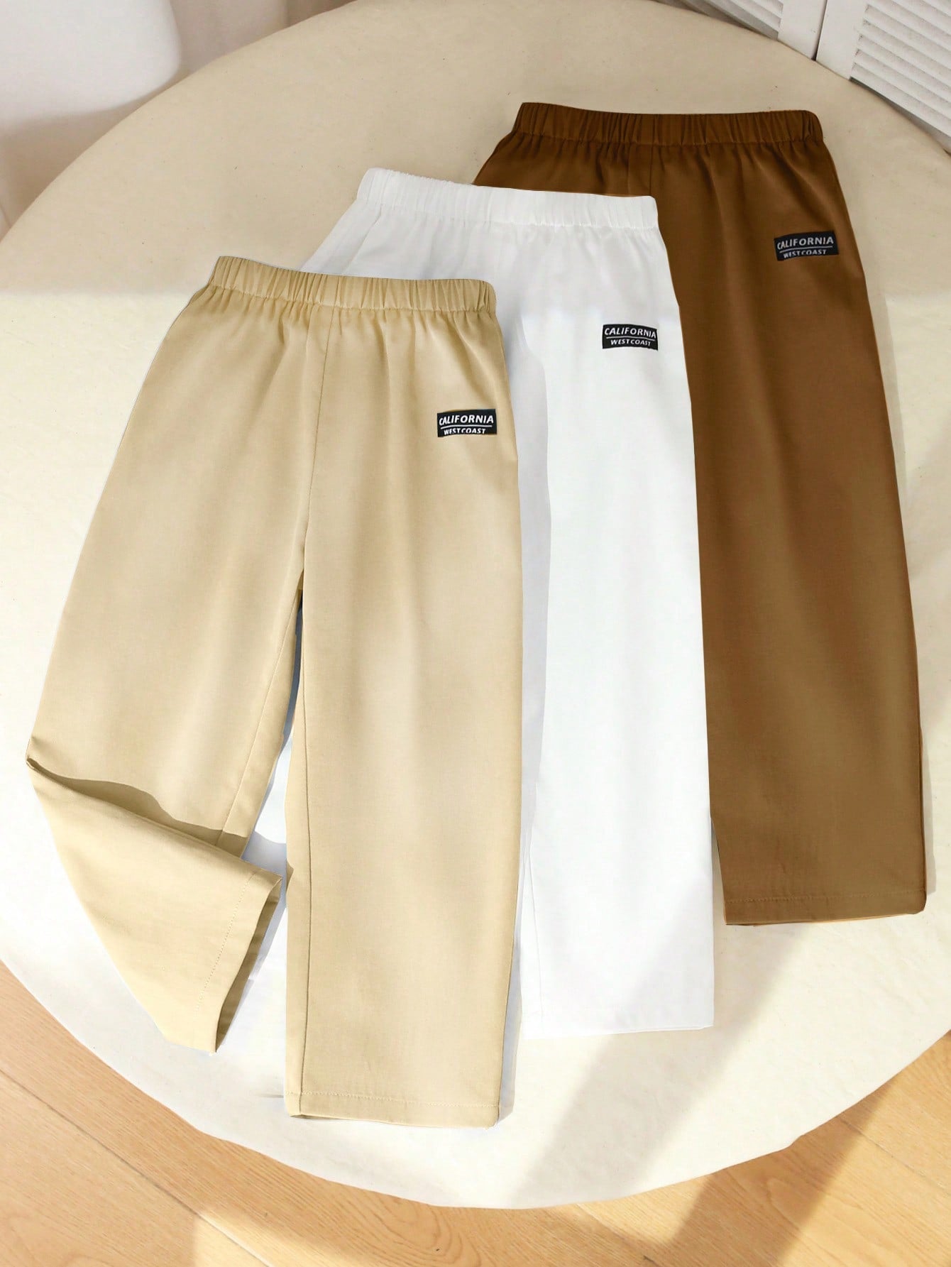 3pcs Young Boy Casual Woven Label Straight-Leg Woven Long Pants, 3 Colors, 1pc Each