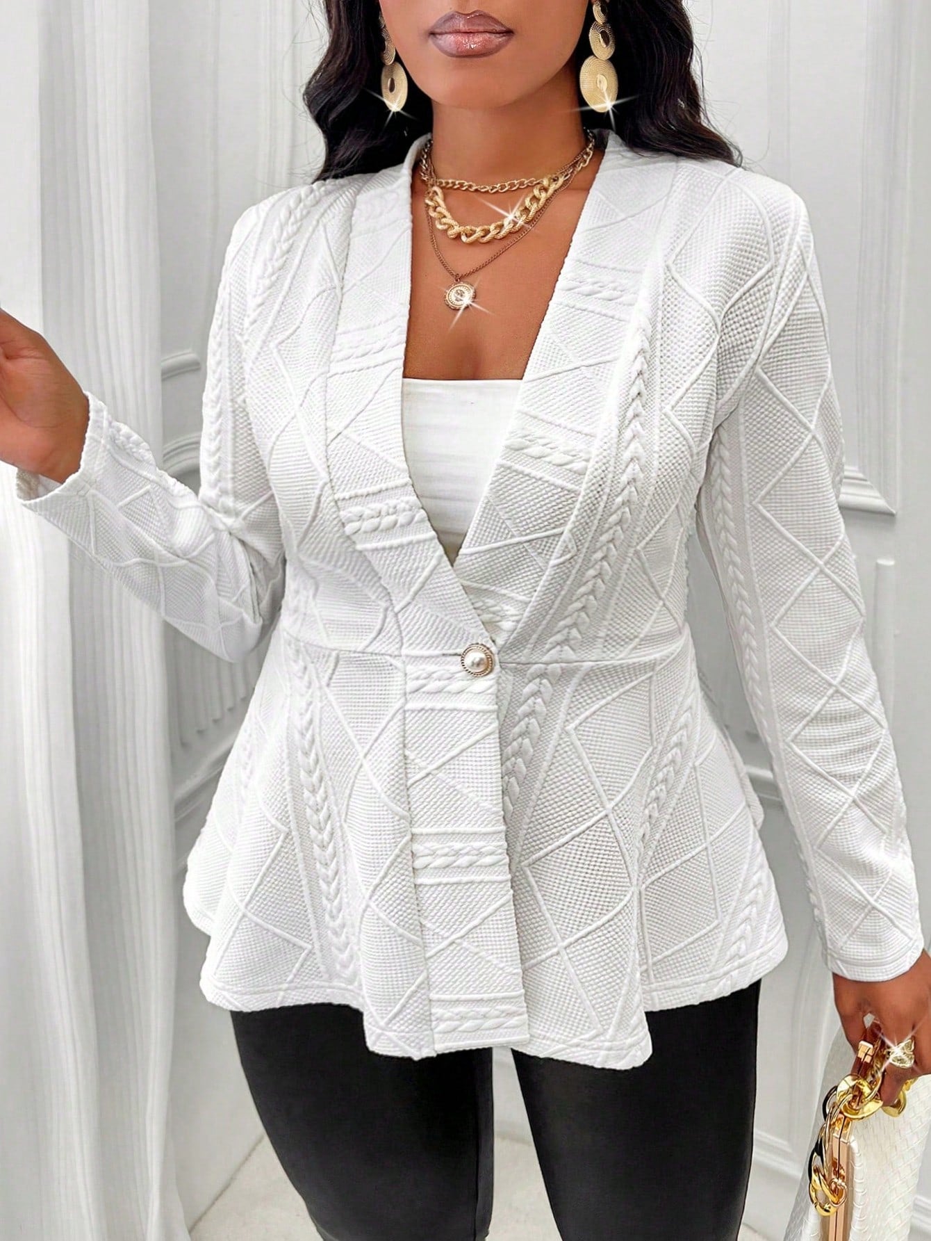 Plus Size Solid Color Delicate Jacquard Style Cardigan For Women With 1 Button