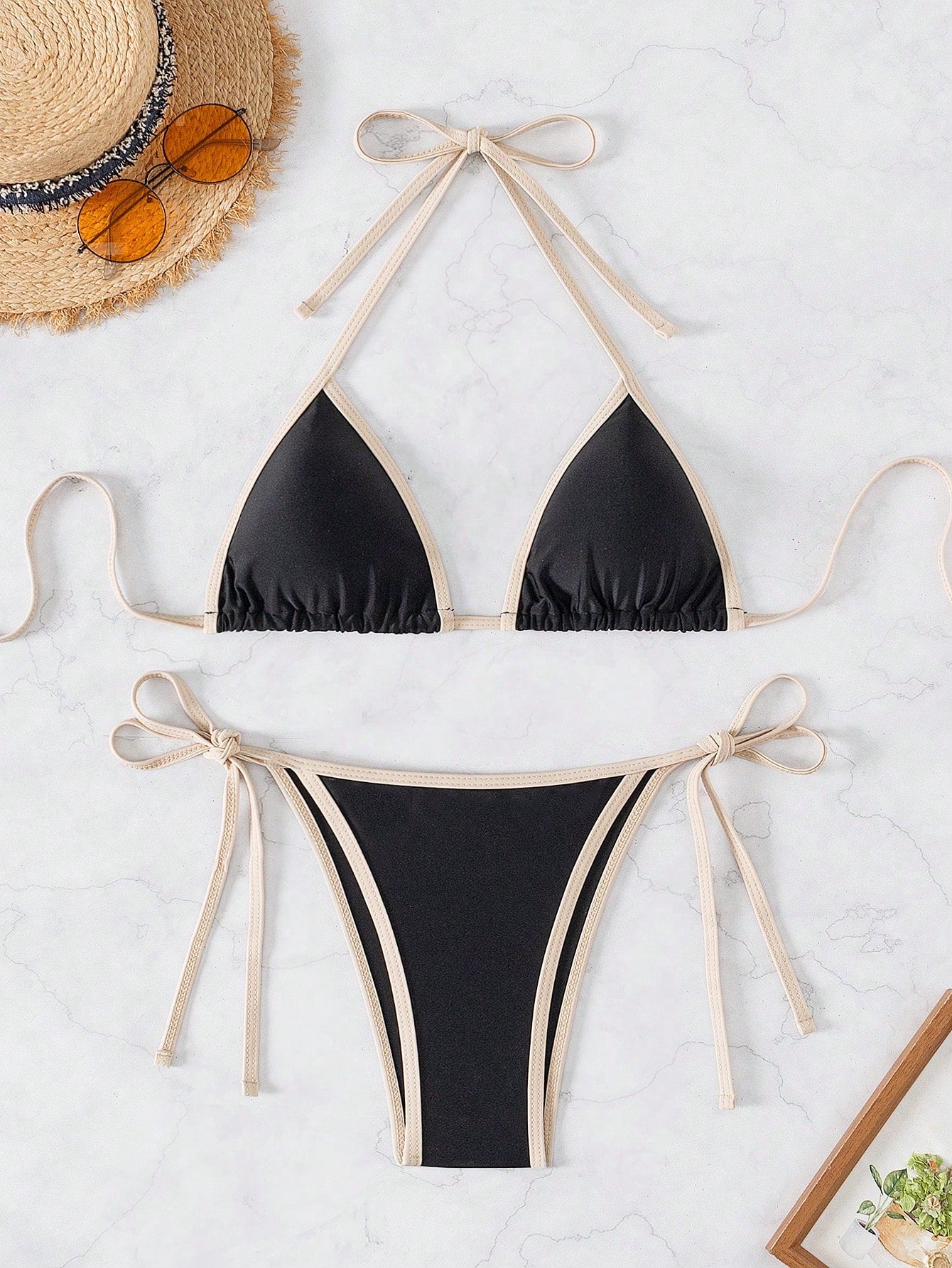 Swim Mod Summer Beach Contrast Binding Triangle Thong Bikini Set