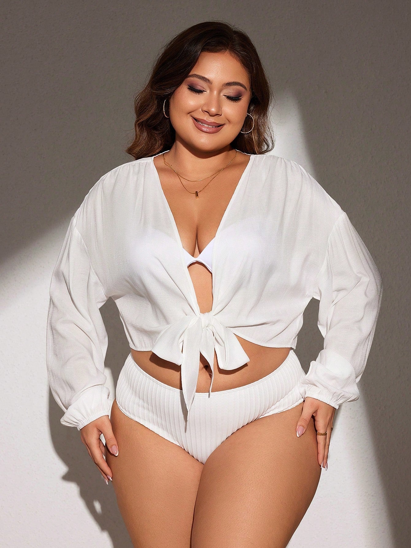 Plus Size Women's Summer Solid Color Simple Daily Long Sleeve Kimono Top