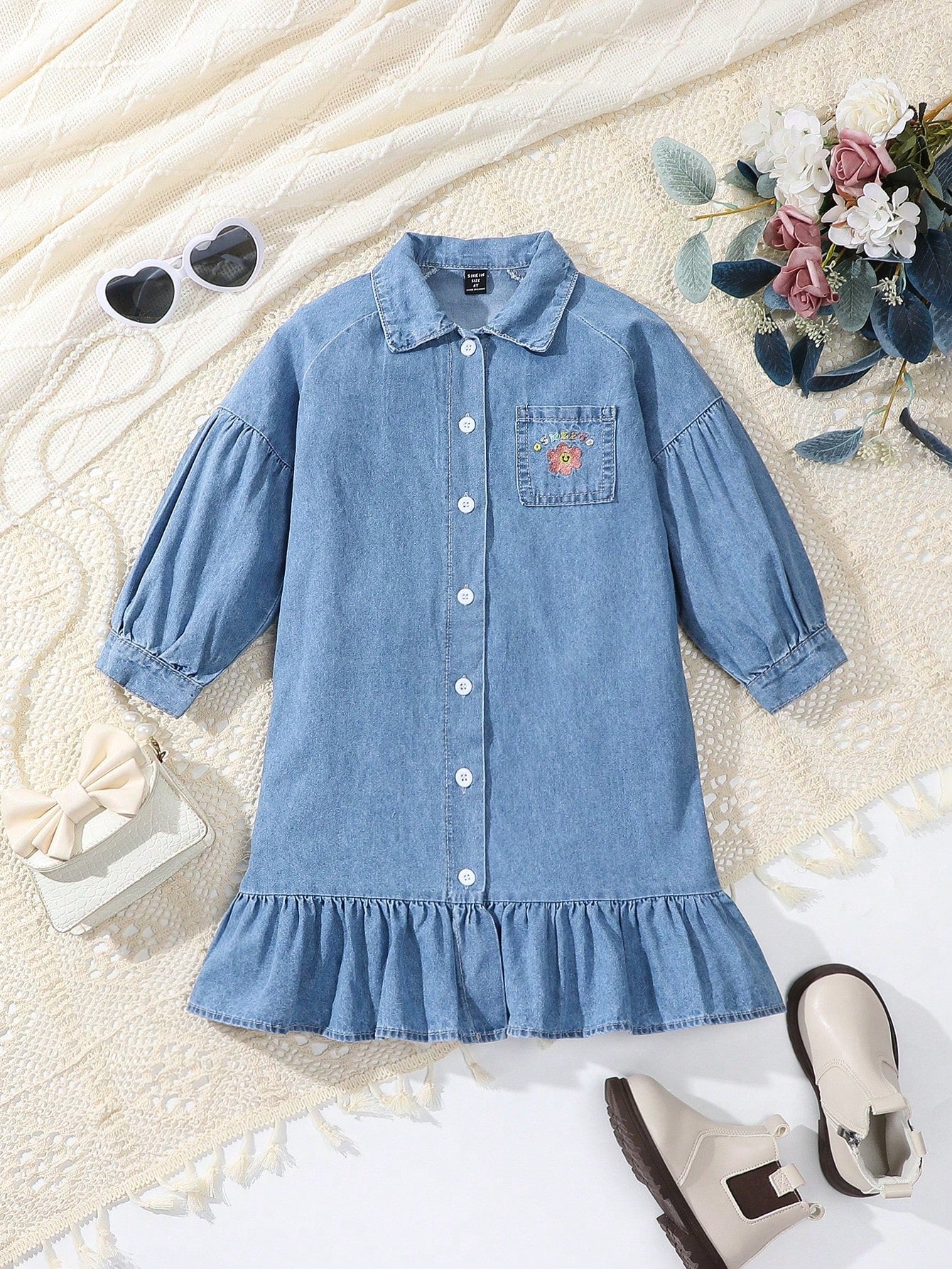 Girls' Lovely Smile Face Embroidery Floral Dress With Pleated, Loose Fit And Soft Denim Material, Comfortable Short Sleeves