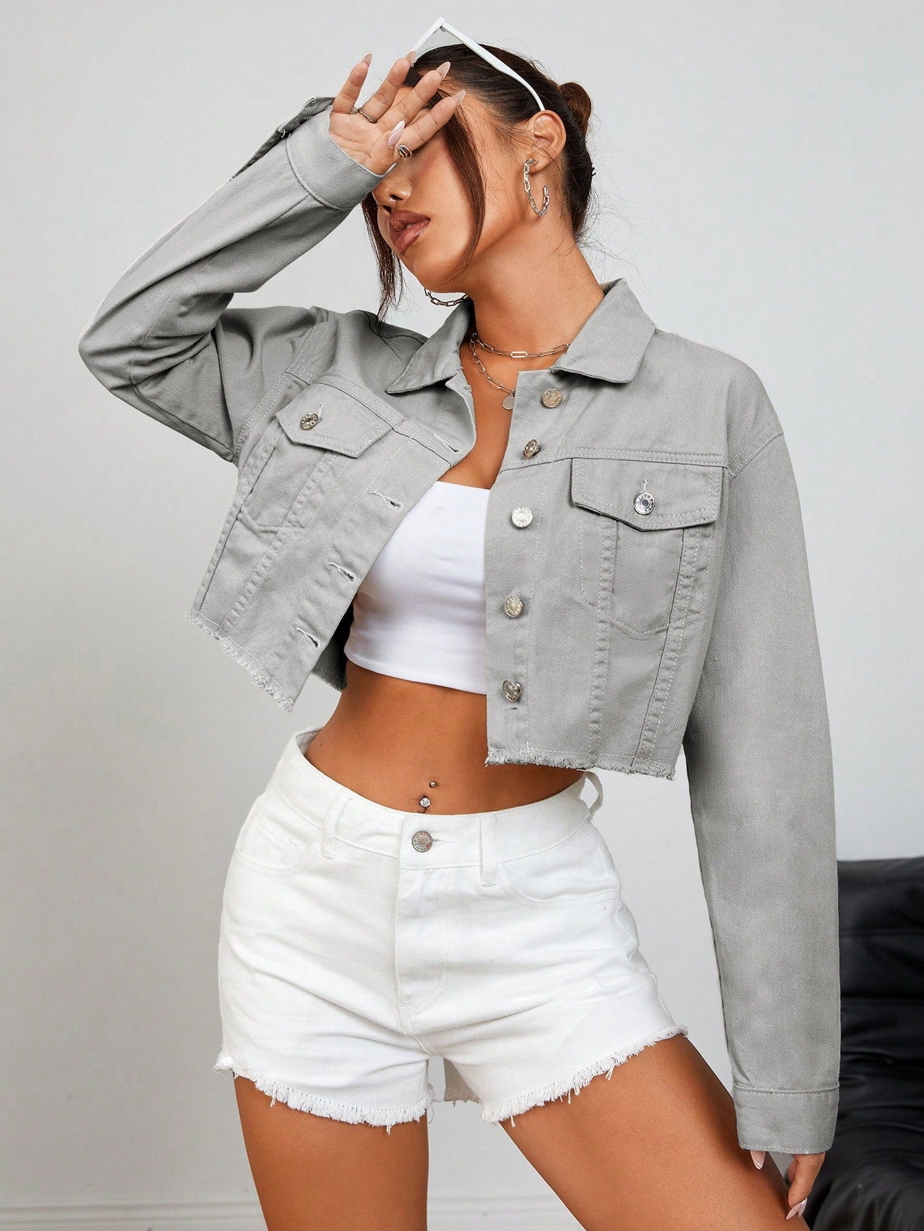 Flap Detail Raw Hem Crop Denim Jacket