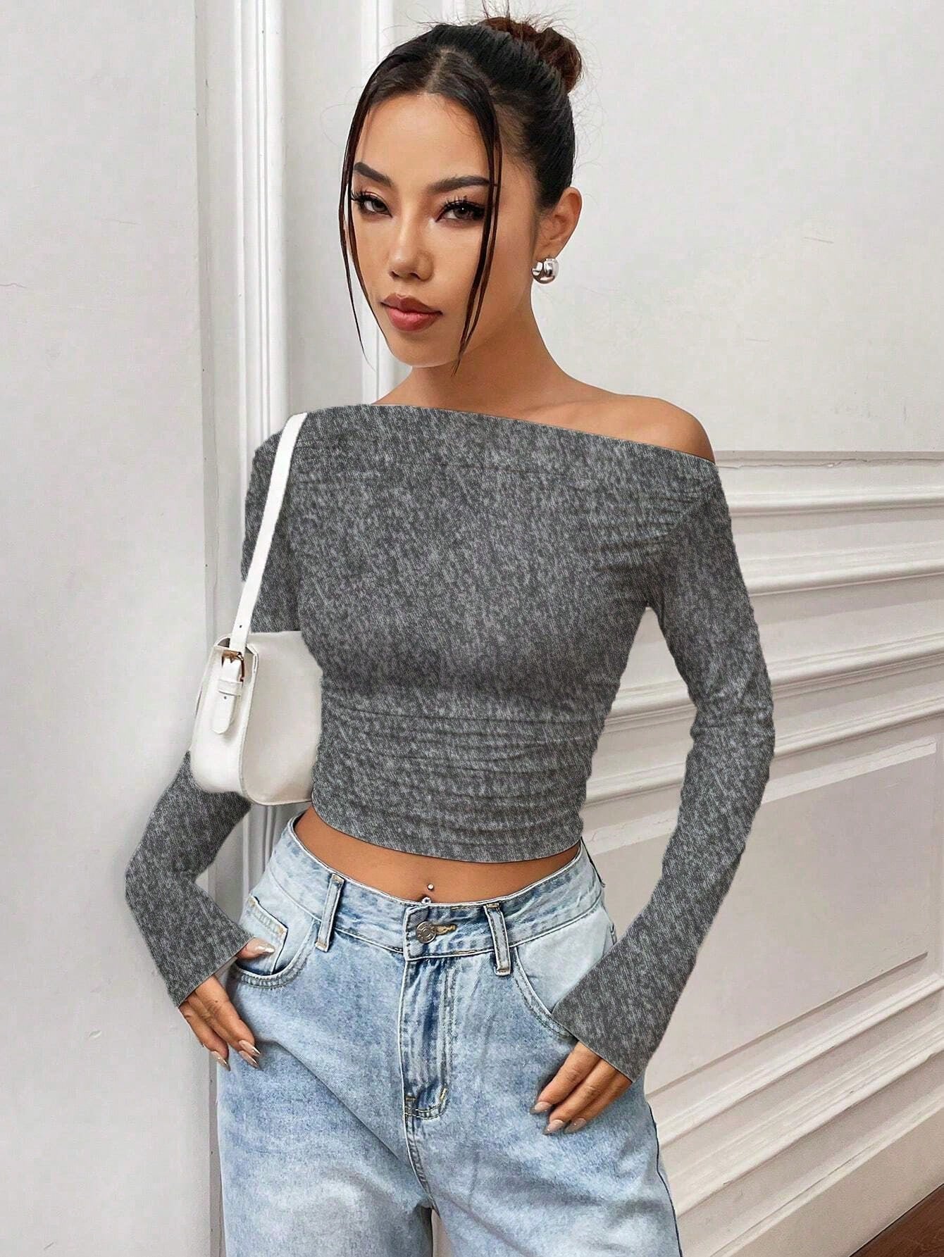 X Mirella Santos Solid Color Uneven Collar Fold Detail Slim Crop Top