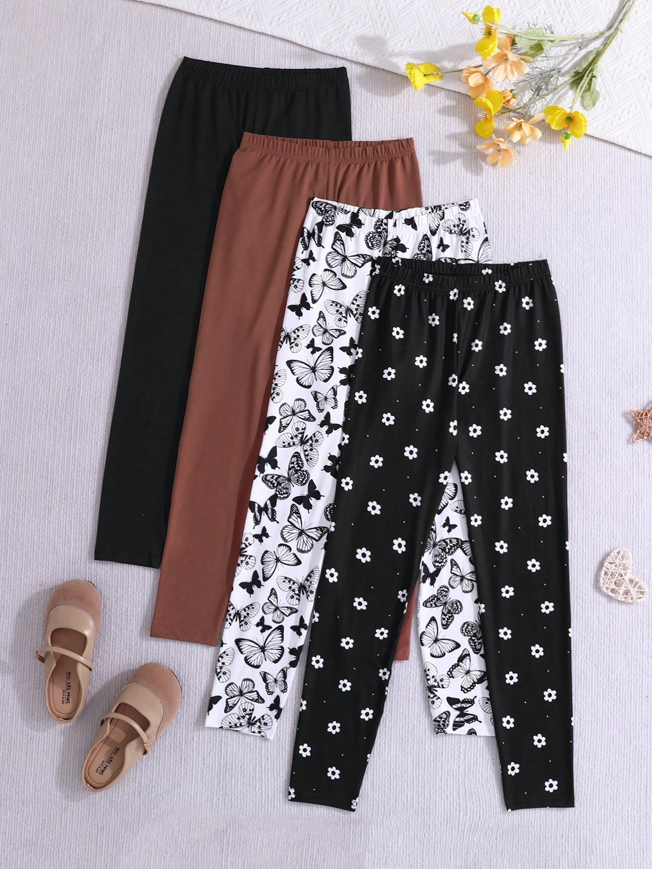 Tween Girl 4pcs/Set Knitted Solid Color With Butterfly & Floral Patterned Casual Pants