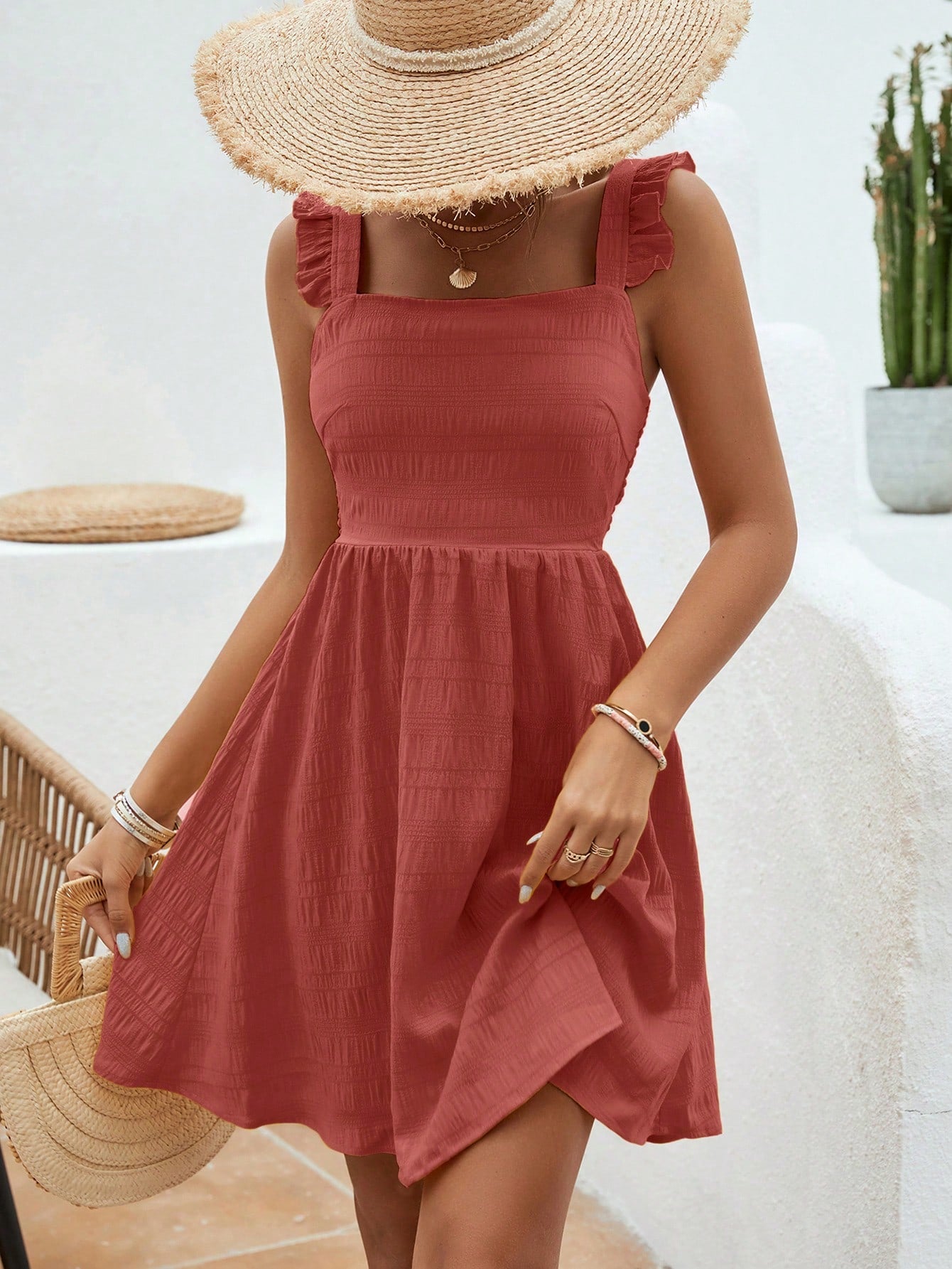 Solid Ruffle Trim Dress