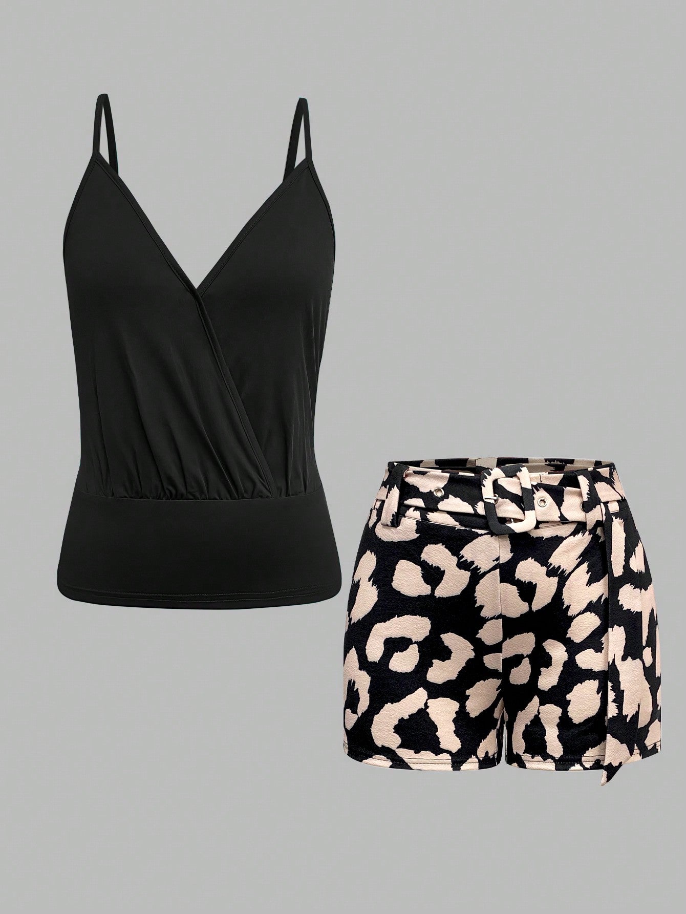 Women Solid Color Criss-Cross Wrapped Strap Camisole Top + Floral Printed Shorts Two-Piece Set