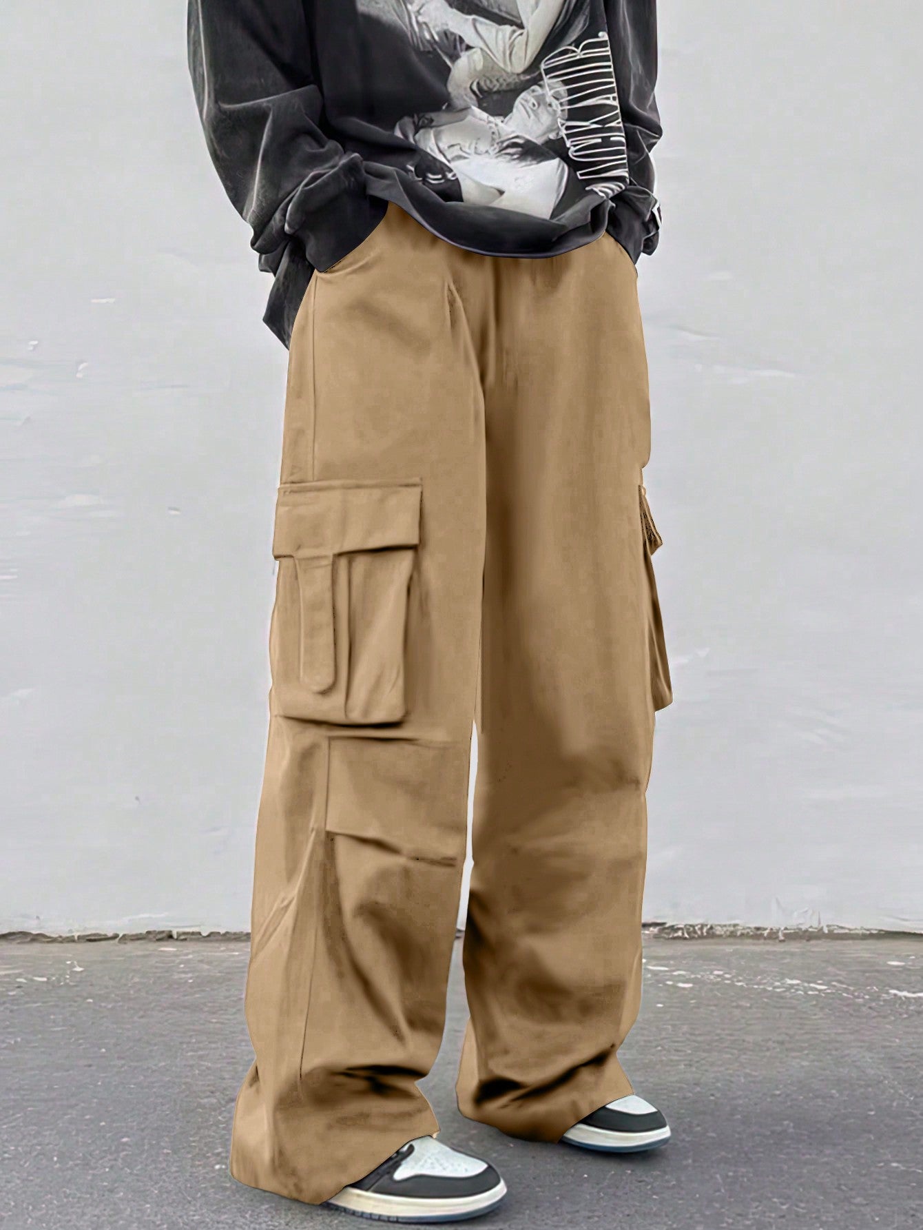 Men Flap Pocket Side Drawstring Waist Oversize Cargo Pants Baggy Long Plain Black Going Out