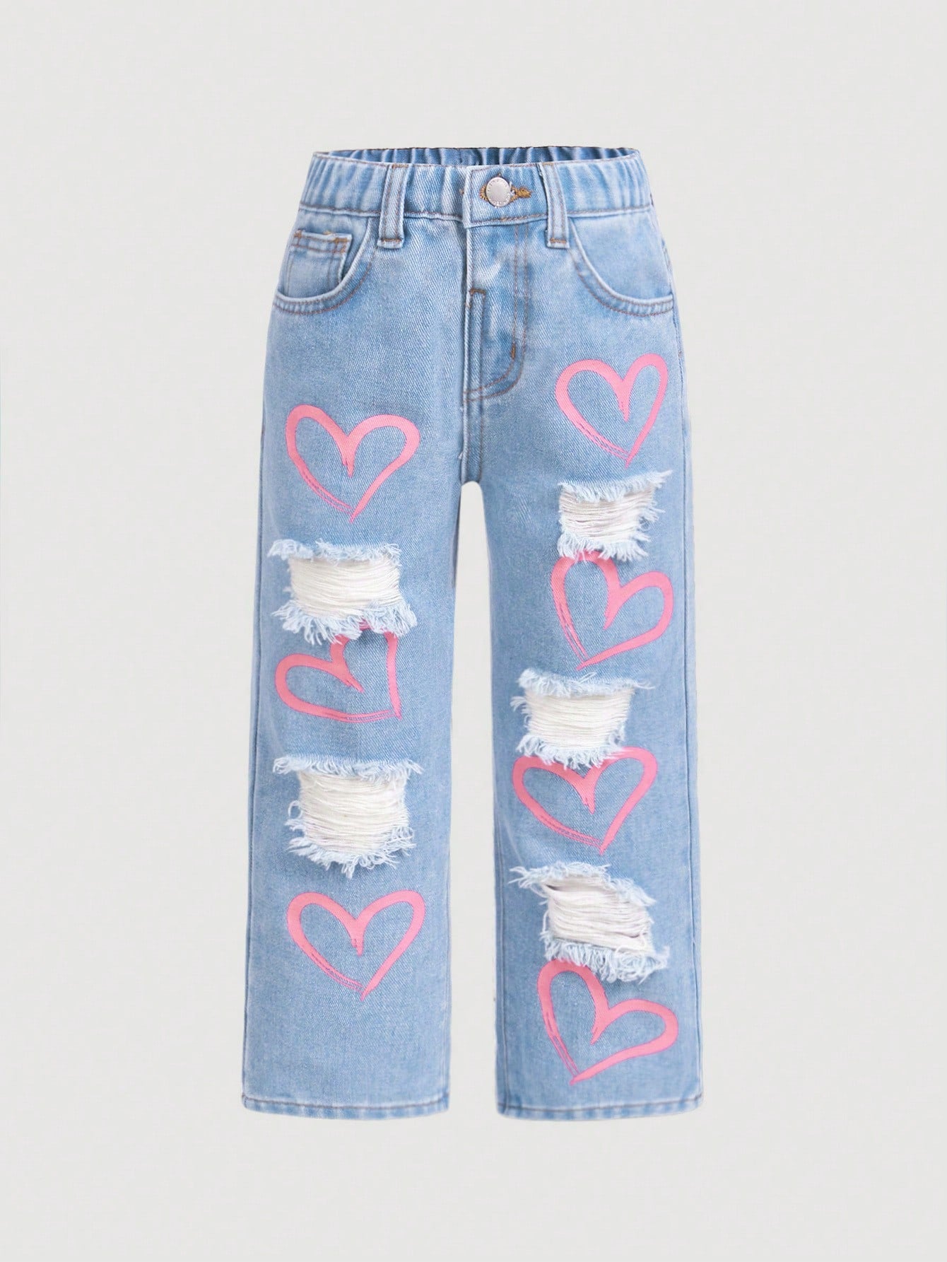 Young Girl Distressed Straight Leg Jeans In Washed Blue, Y2K Pink Heart Print