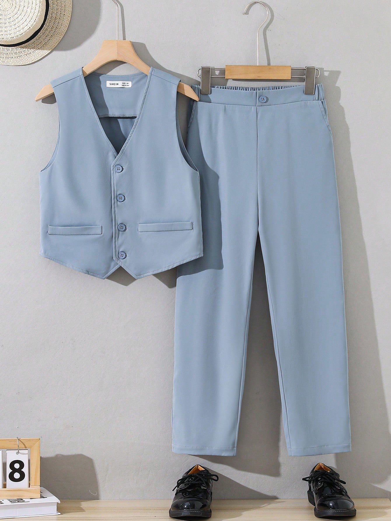 Tween Boy Elegant Woven Solid Color Vest And Pants, Gentlemen's Clothing