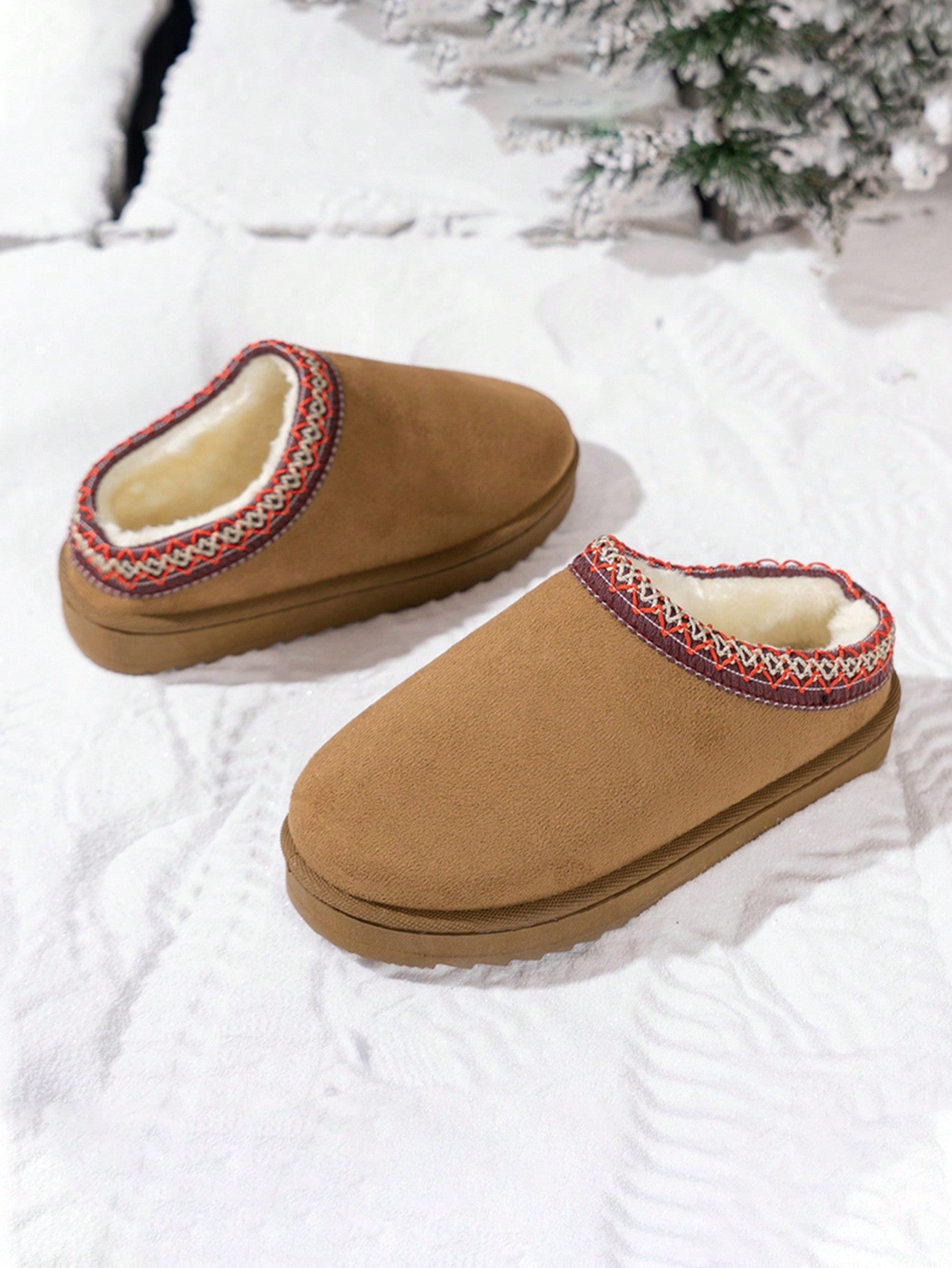 Winter Plush Slippers, Warm And Thick With Soft Cushioned Sole, Mid Heels, Round Toe, Elastic Cross Straps, Non-Slip Women's House Slippers