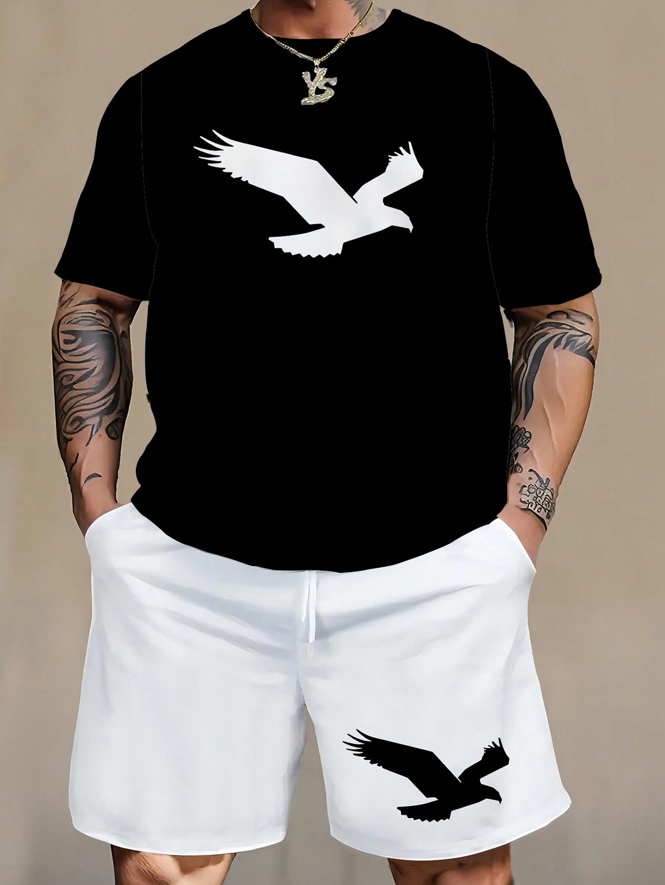 Men's Plus Size Light And Dark Double Eagle Printed T-Shirt And Pocket Shorts Set