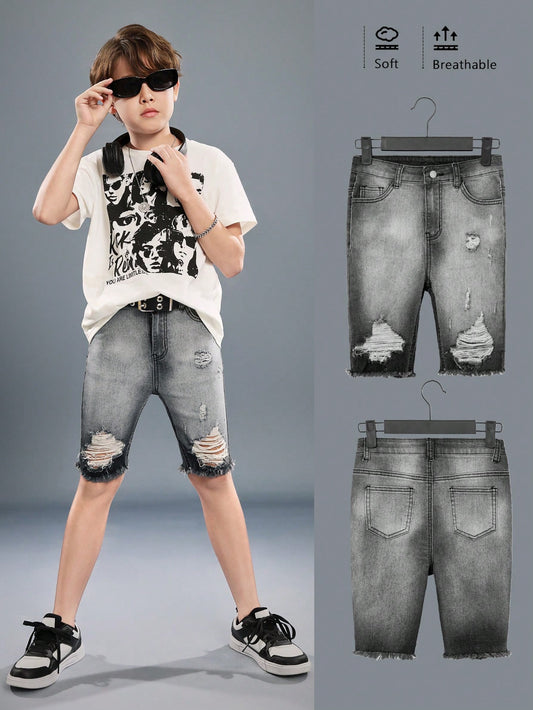 Tween Boys'Summer  Casual Distressed Ripped Frayed Edge Skinny Black Denim Shorts,For Summer