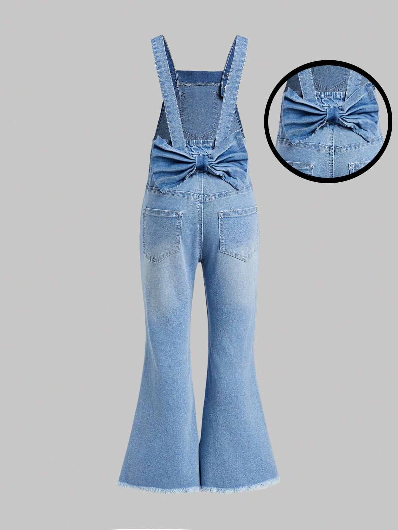 Young Girl's Casual Washed Blue Flare Denim Overalls With Bow Decoration