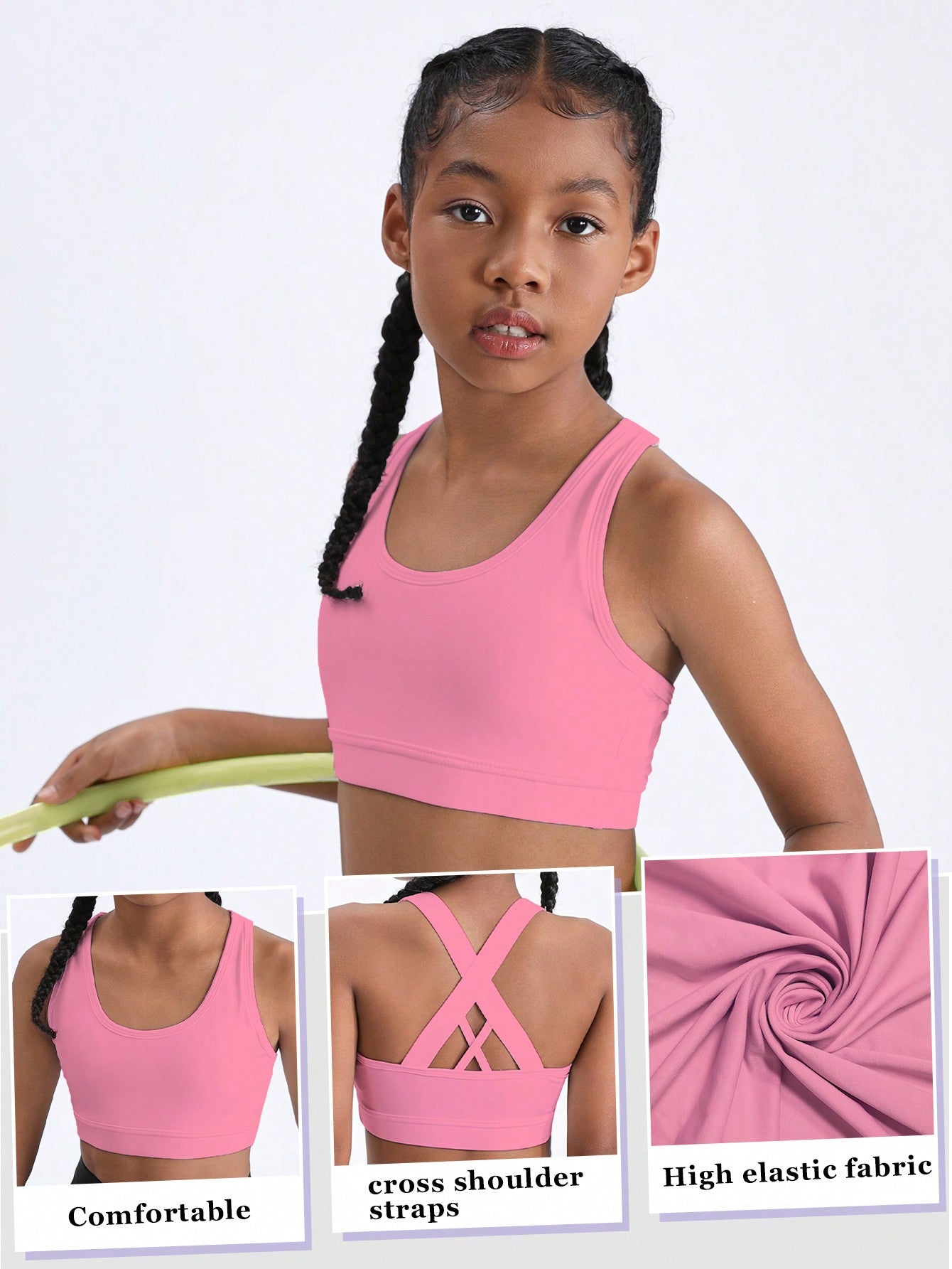 Tween Girl Solid Colored Round Neck Sports Tank Top With Back Cross Straps