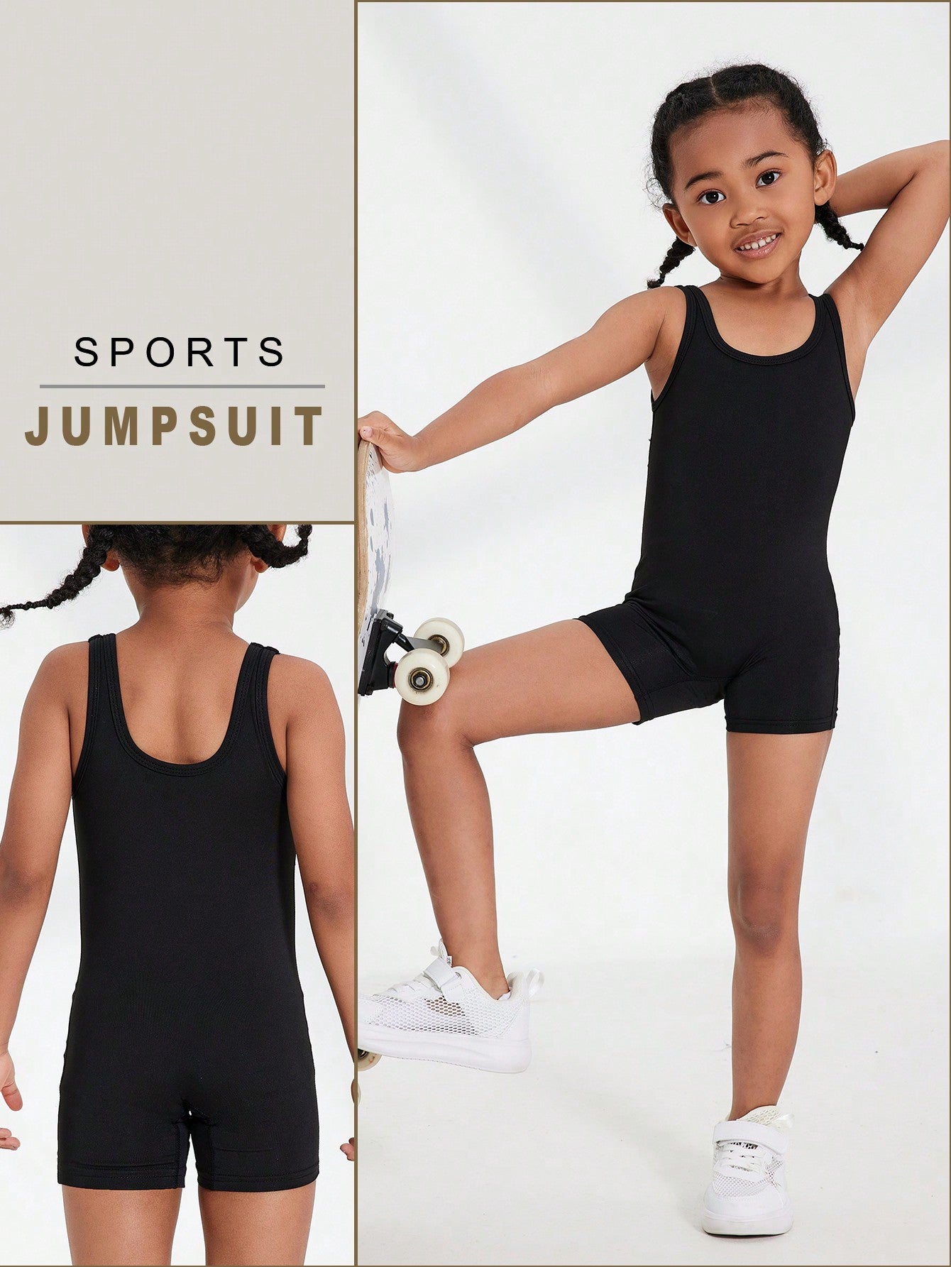 Young Girl Black Sports Romper, Elastic Comfortable Fitness Romper