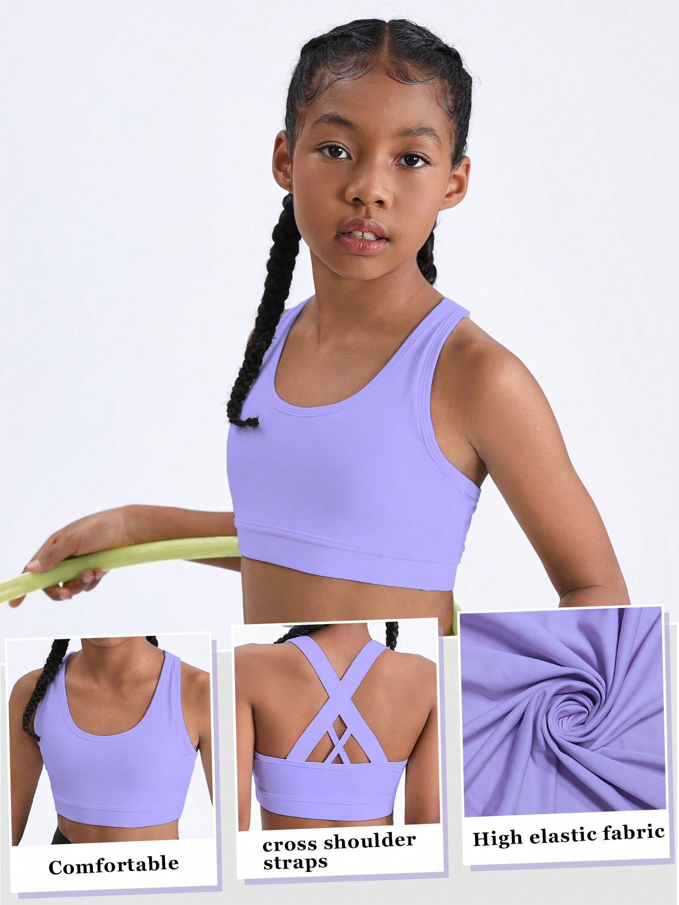 Tween Girl Solid Colored Round Neck Sports Tank Top With Back Cross Straps