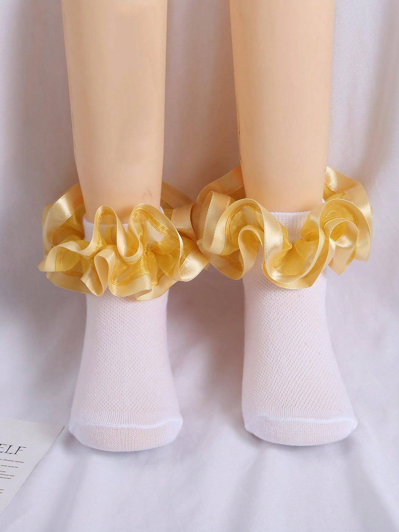 1pair Girls/Little Girls Solid Color Satin Lace Breathable Princess Ballet Dance Short Socks, All Seasons